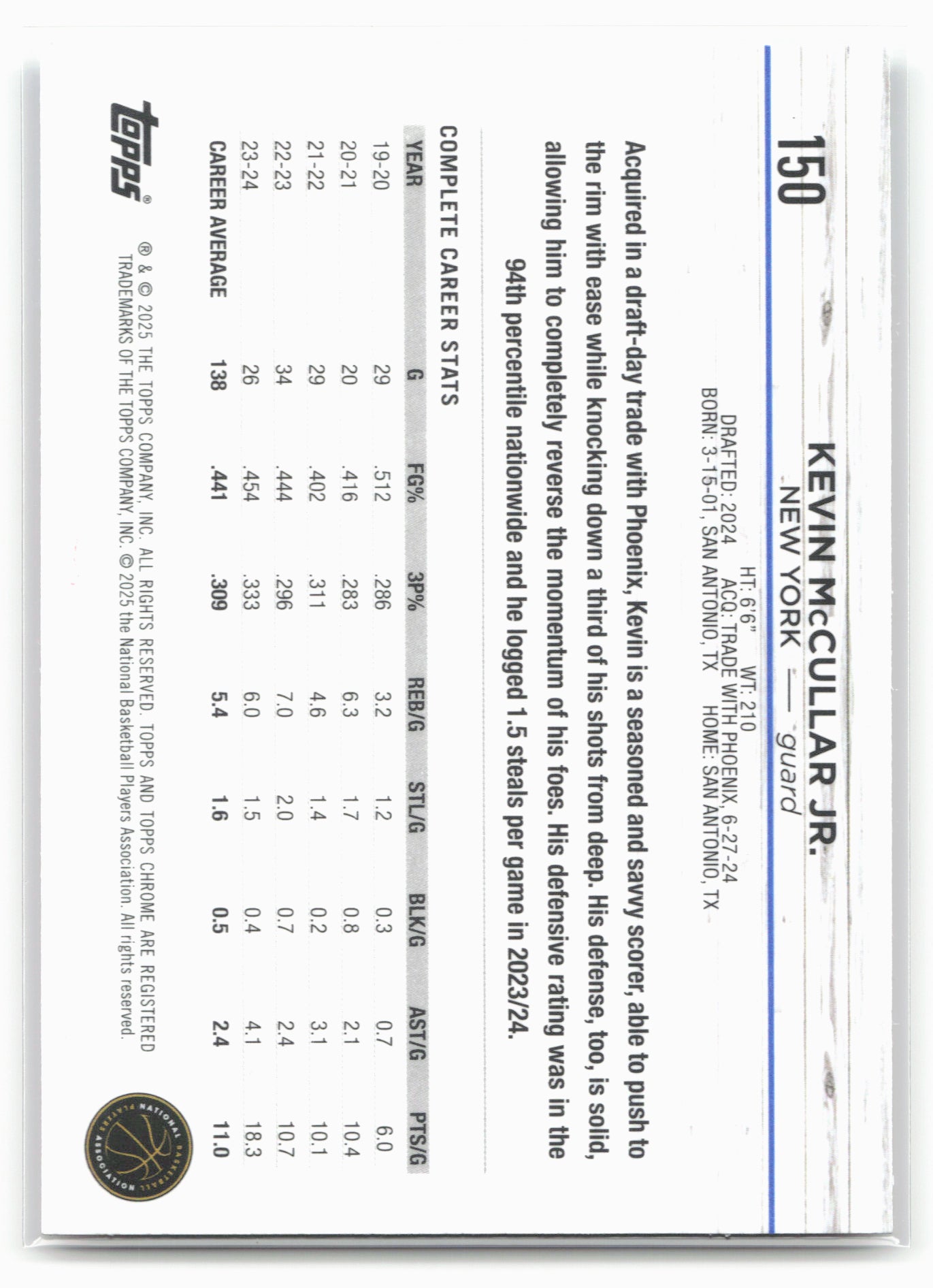 2024-25 Topps Chrome #150 Kevin McCullar Jr. Magenta Refractor 19249