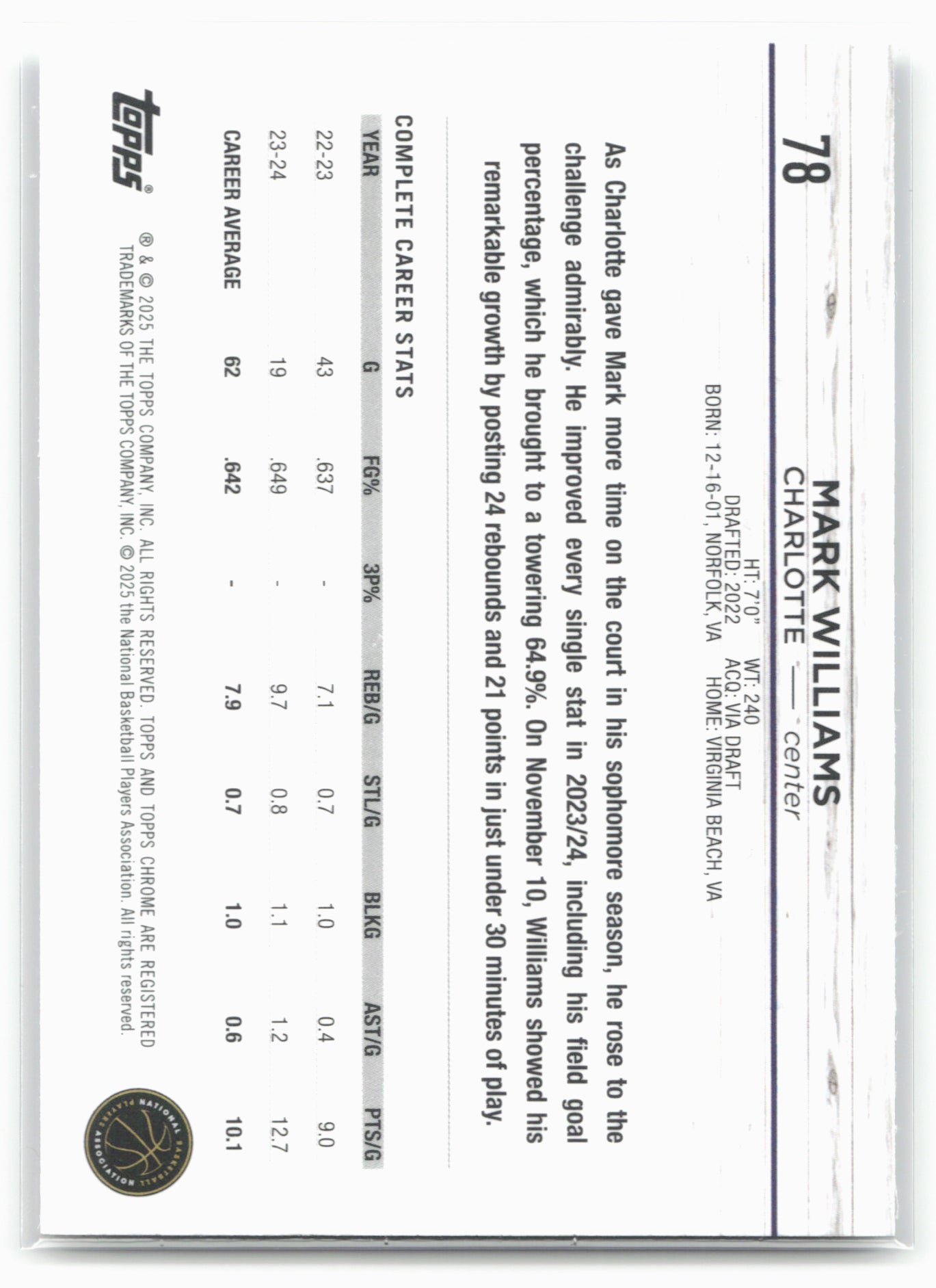 2024-25 Topps Chrome #78 Mark Williams Prism Refractor 19252