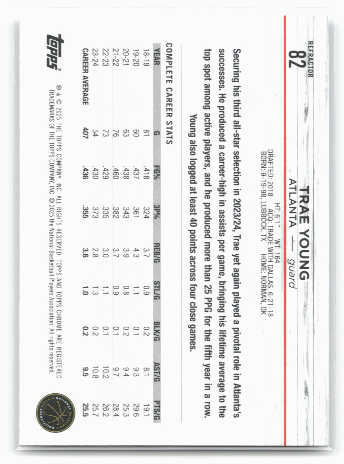 2024-25 Topps Chrome #82 Trae Young Refractor 19259
