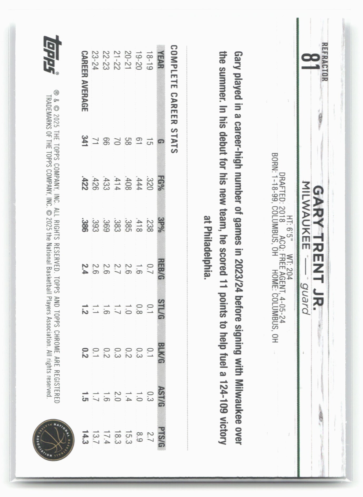 2024-25 Topps Chrome #81 Gary Trent Jr. Refractor 19269