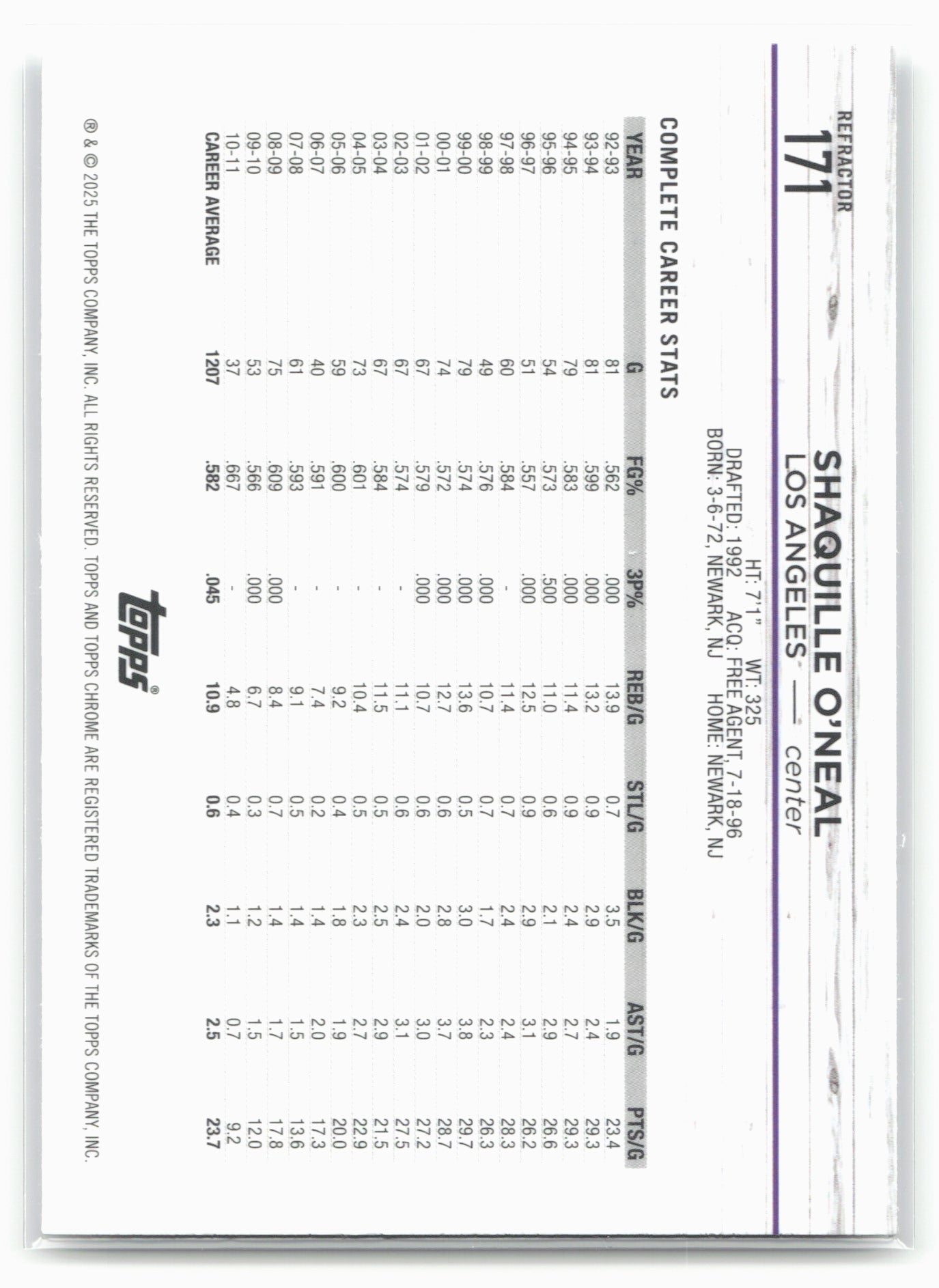 2024-25 Topps Chrome #171 Shaquille O'Neal Refractor 19270