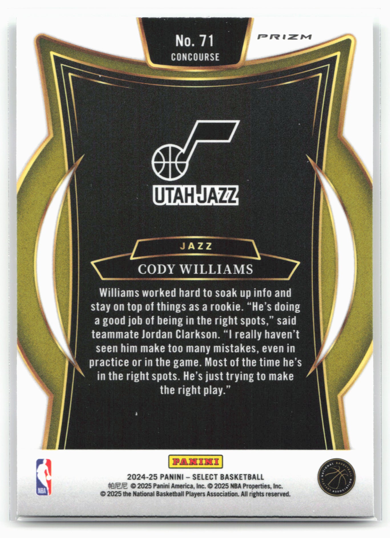 2024-25 Panini Select #71 Cody Williams Green White Purple Prizm