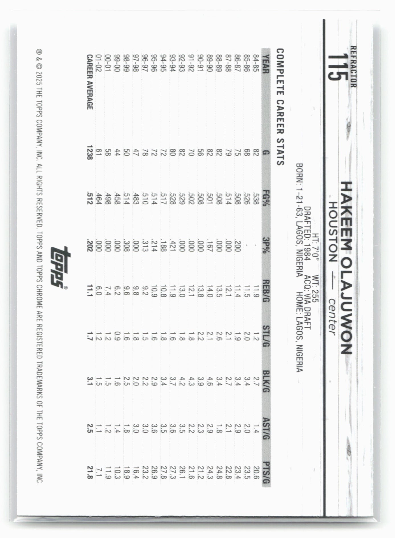 2024-25 Topps Chrome #115 Hakeem Olajuwon Refractor 19506