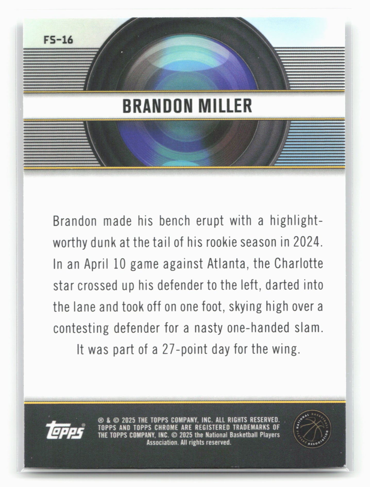 2024-25 Topps Chrome #FS-16 Brandon Miller Film Study
