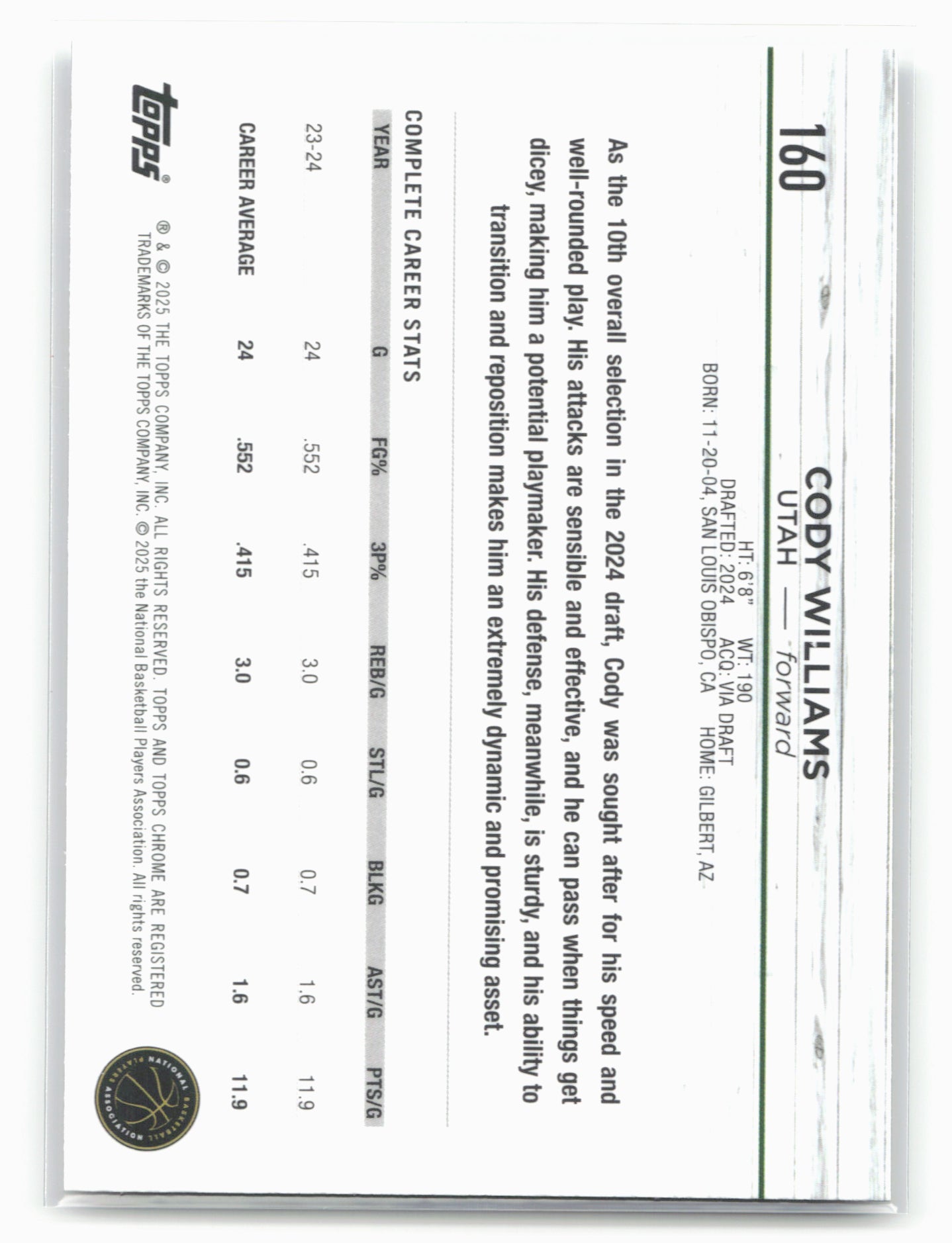 2024-25 Topps Chrome #160 Cody Williams Blue Basketball Refractor