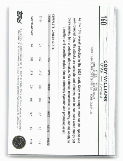 2024-25 Topps Chrome #160 Cody Williams Blue Basketball Refractor