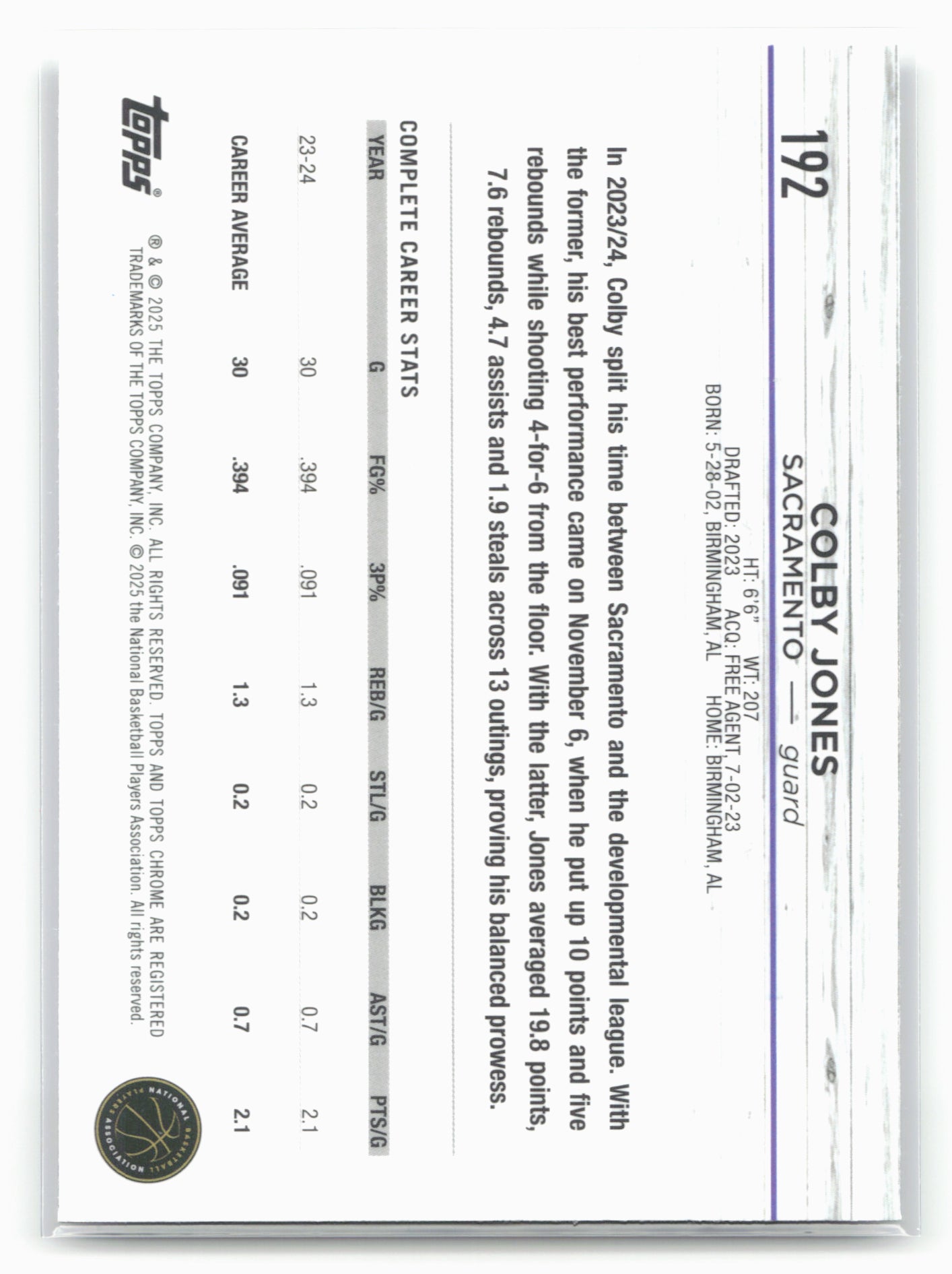 2024-25 Topps Chrome Sapphire #192 Colby Jones