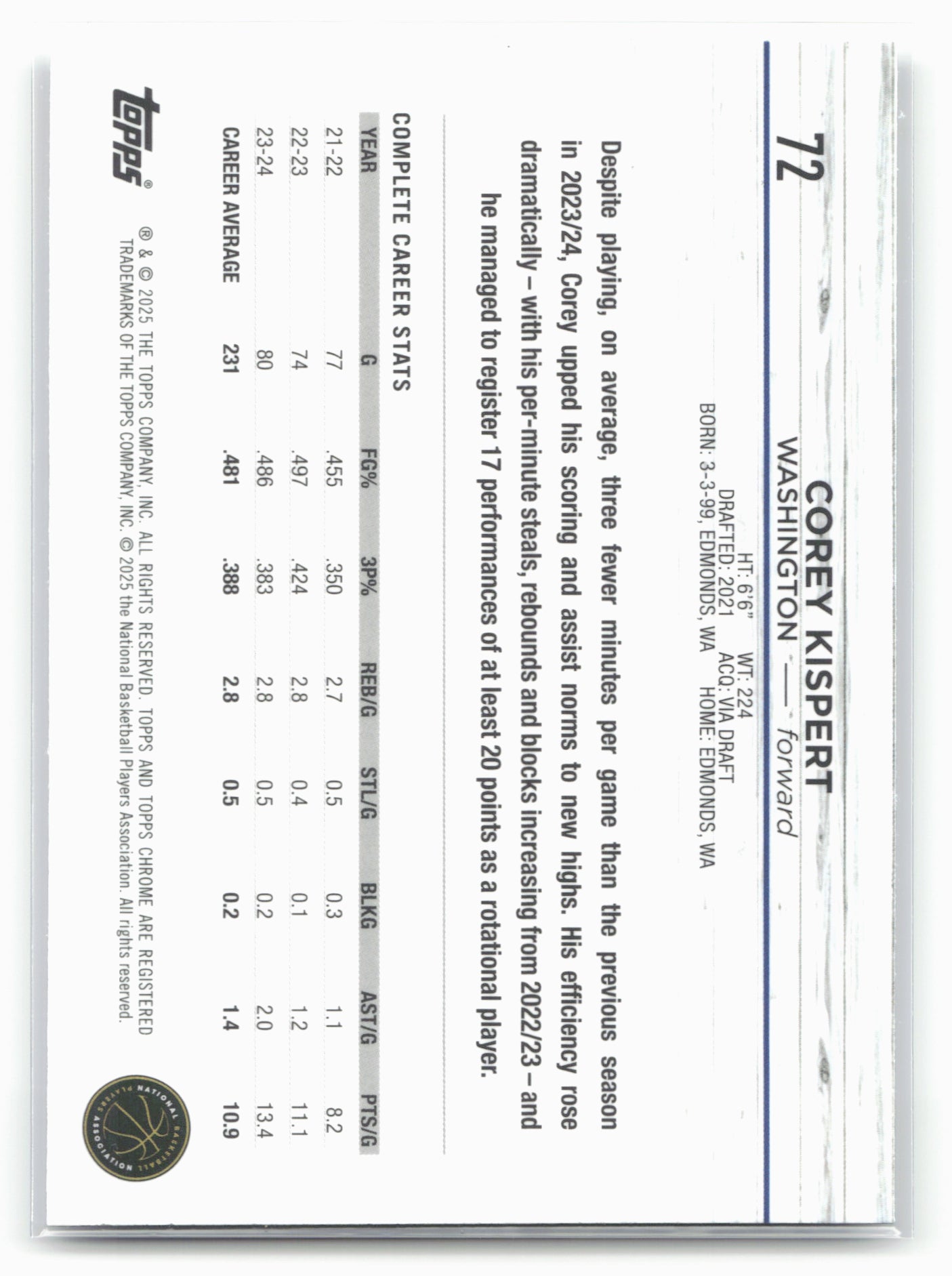 2024-25 Topps Chrome Sapphire #72 Corey Kispert