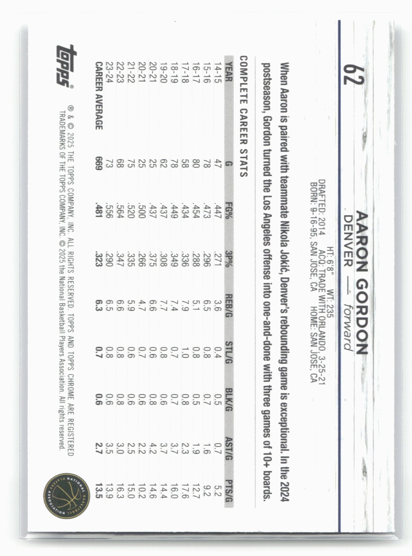 2024-25 Topps Chrome Sapphire #62 Aaron Gordon