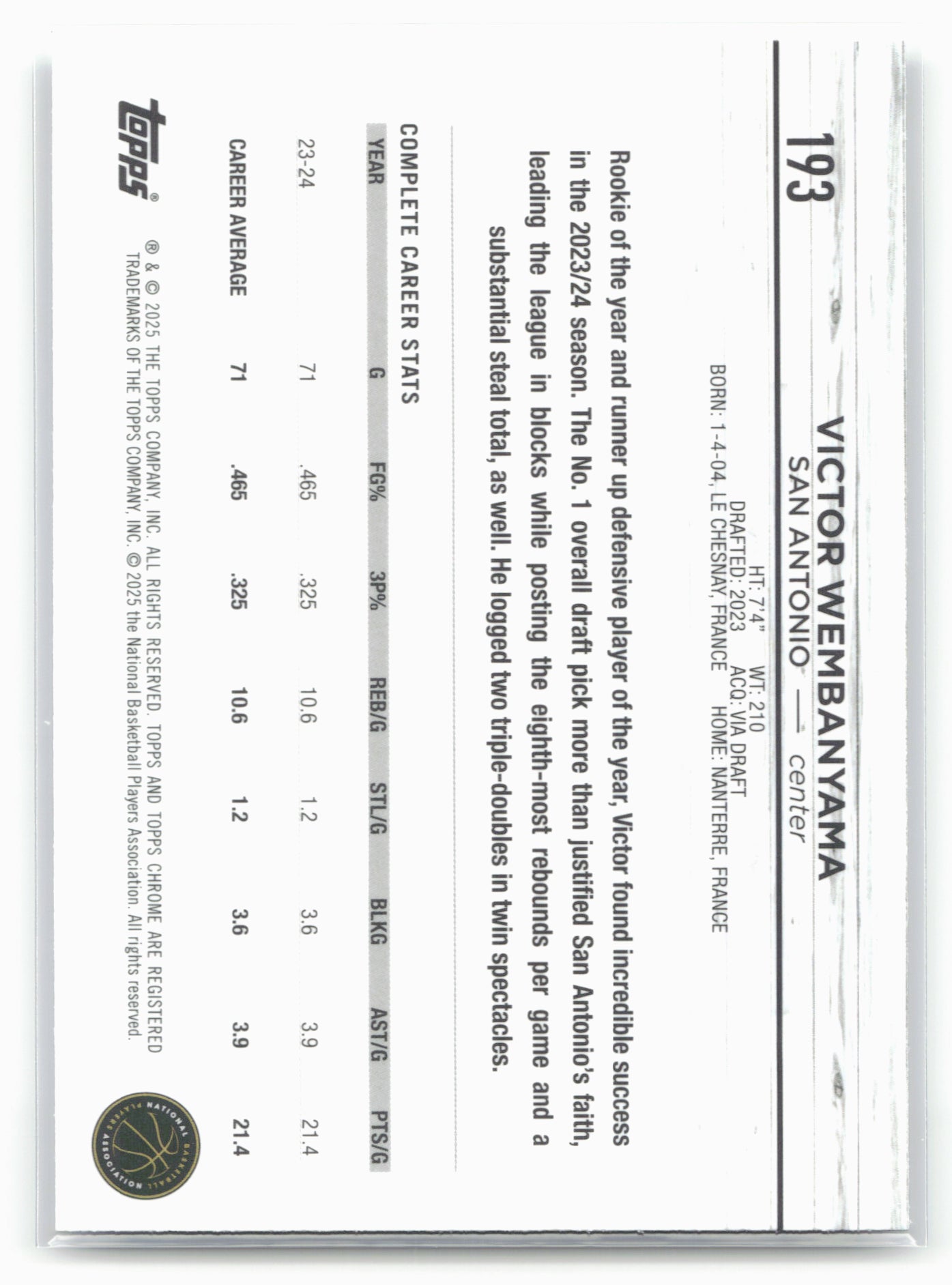 2024-25 Topps Chrome Sapphire #193 Victor Wembanyama