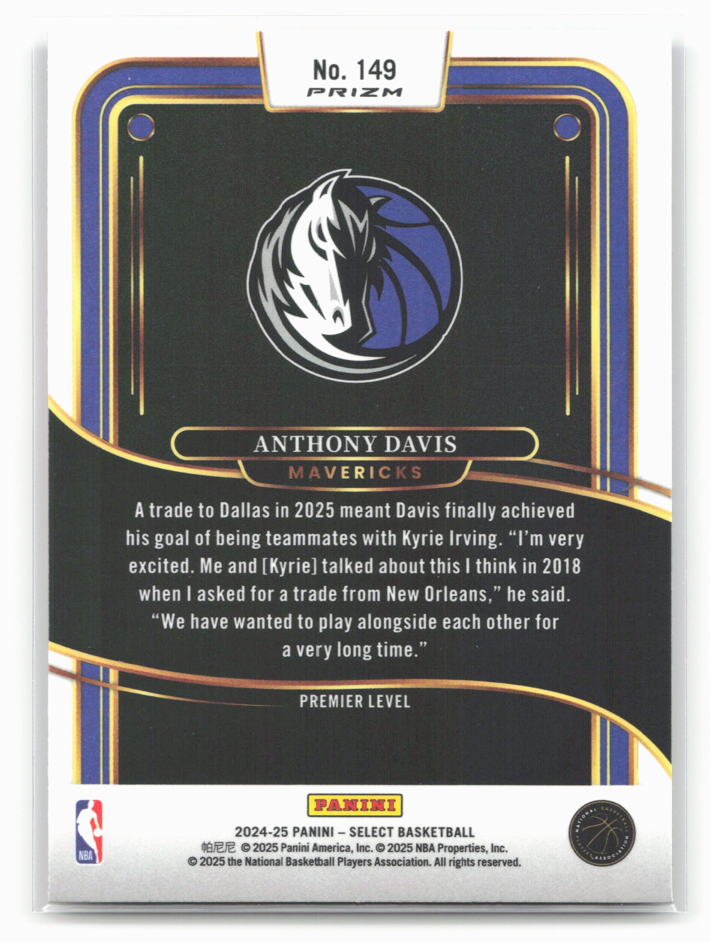 2024-25 Panini Select #149 Anthony Davis Tri-Color Prizm