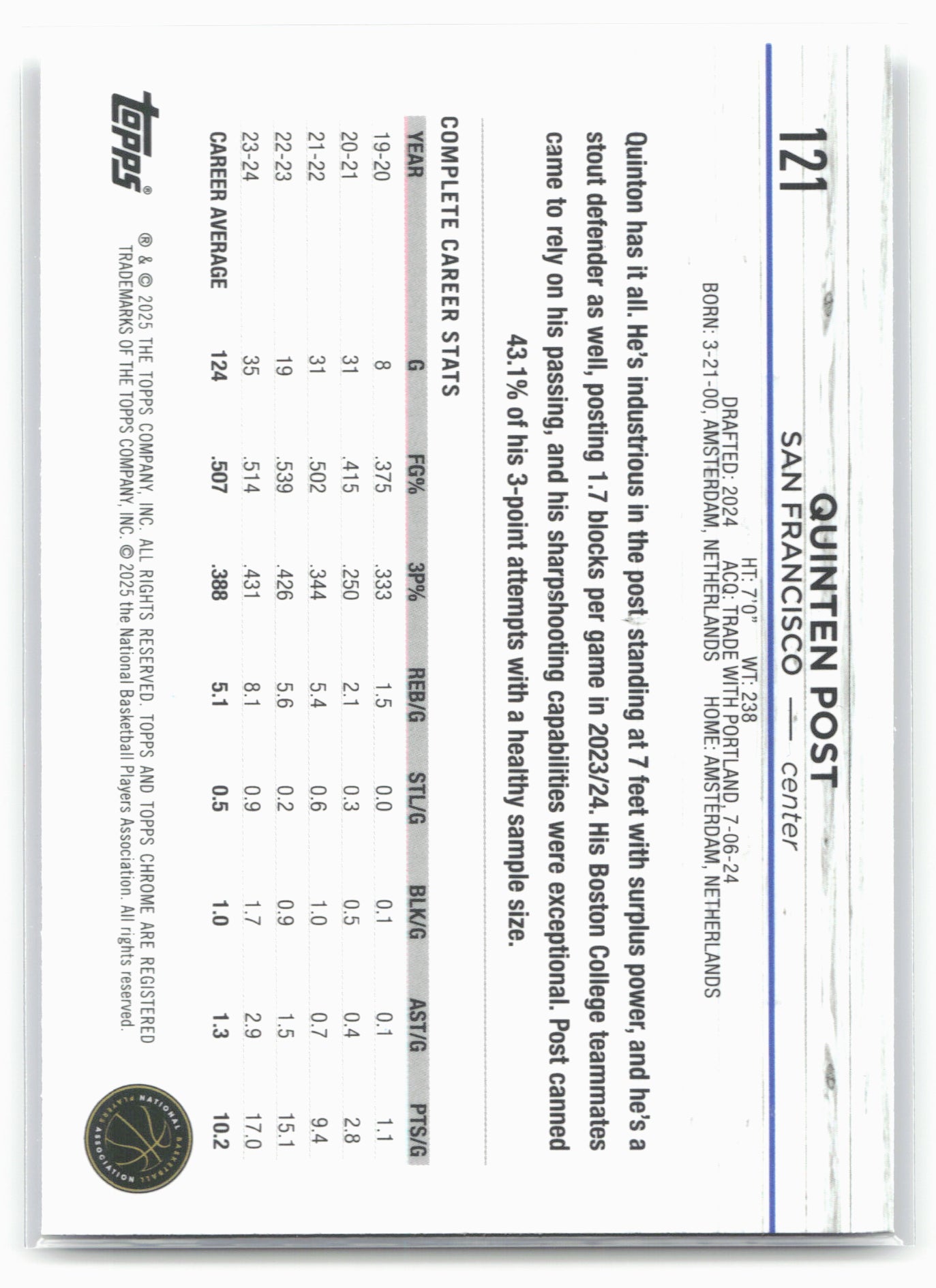 2024-25 Topps Chrome Sapphire #121 Quinten Post