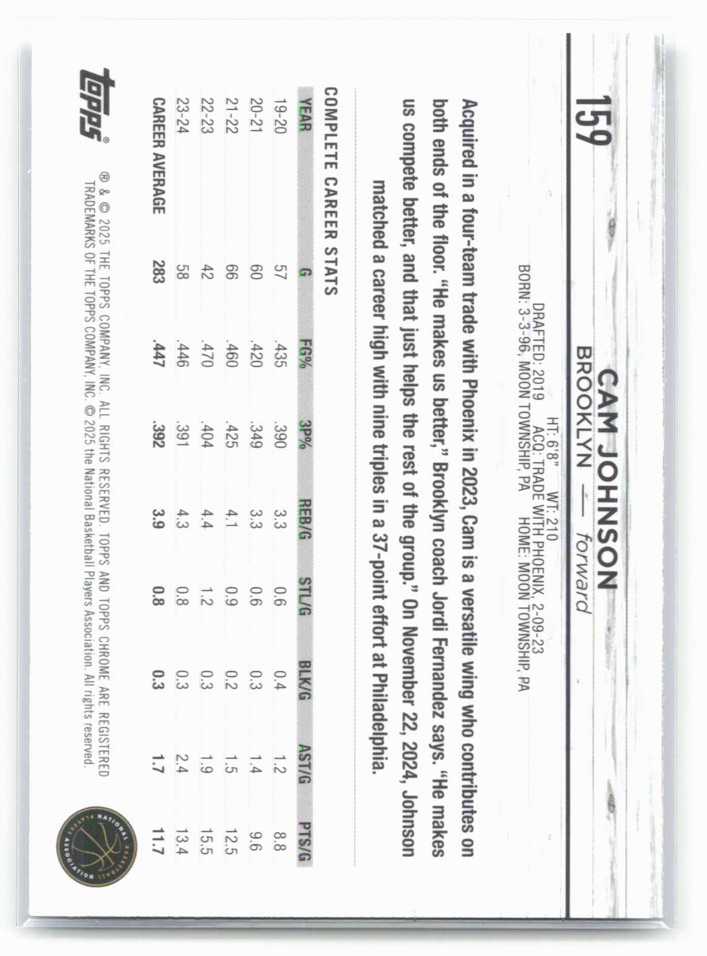 2024-25 Topps Chrome Sapphire #159 Cam Johnson