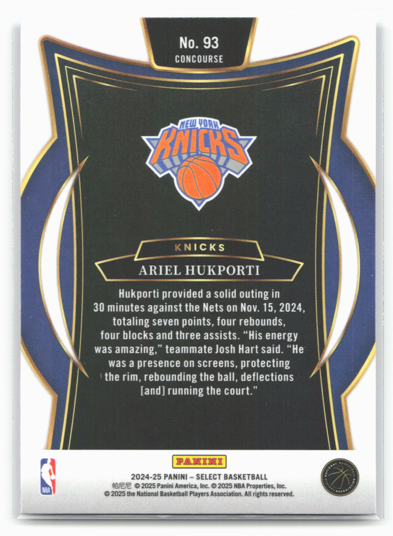 2024-25 Panini Select #93 Ariel Hukporti Blue (Retail)