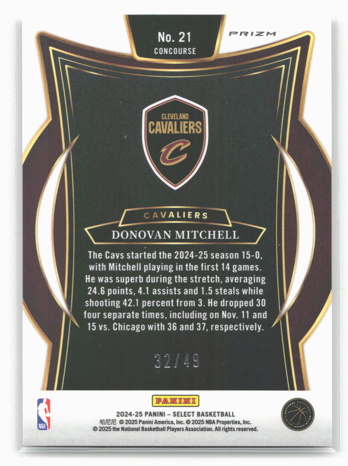 2024-25 Panini Select #21 Donovan Mitchell Bronze Checker Prizm #/49