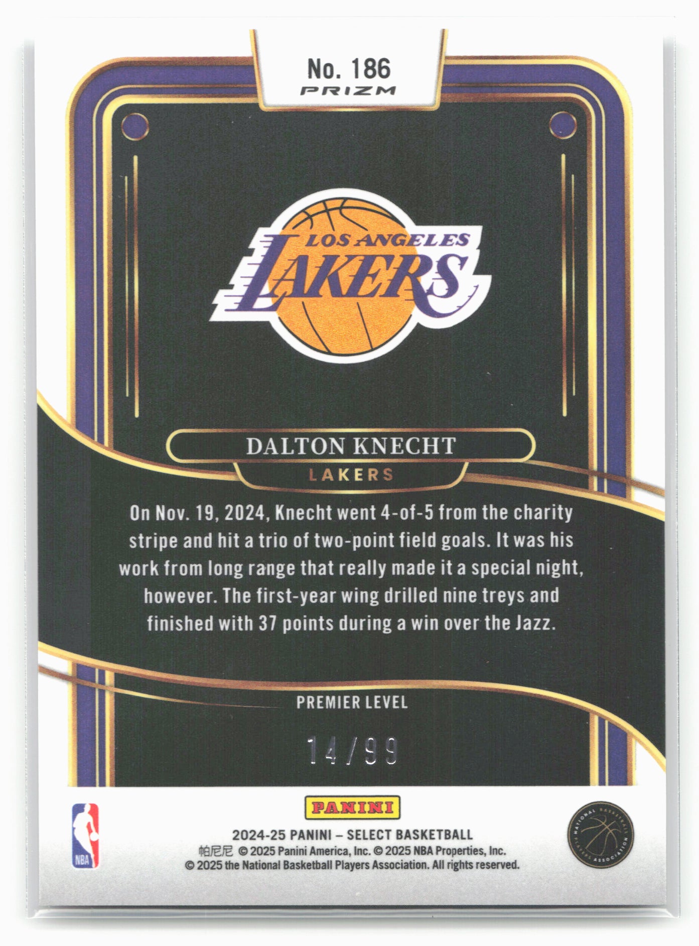 2024-25 Panini Select #186 Dalton Knecht Purple Prizm #/99