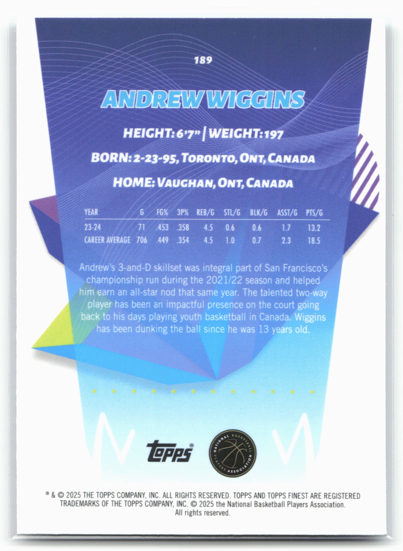 2024-25 Finest #189 Andrew Wiggins Sky Blue Refractor 19778