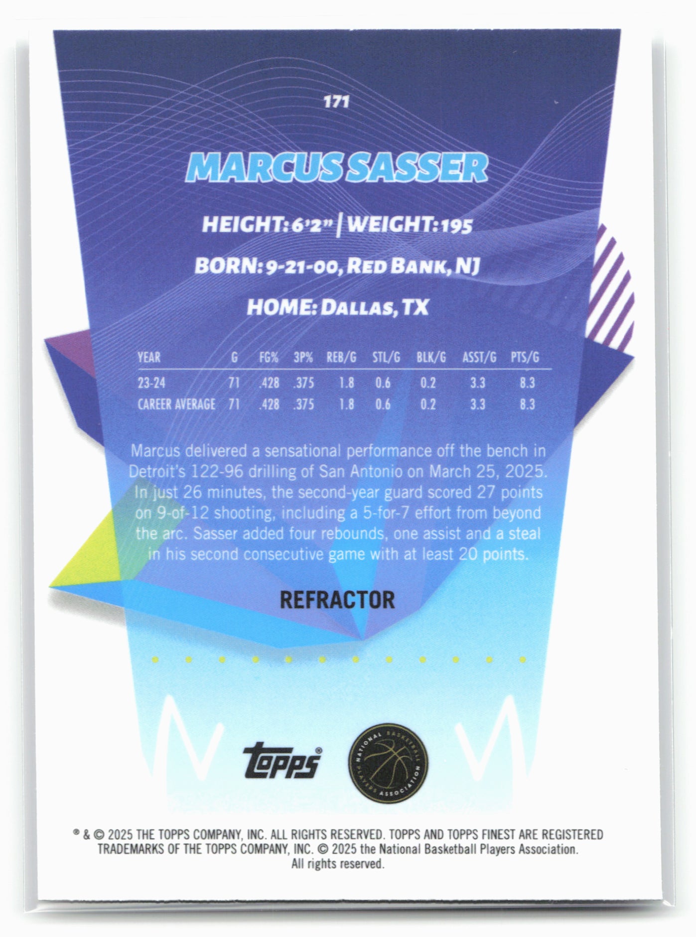 2024-25 Finest #171 Marcus Sasser Refractor 19783