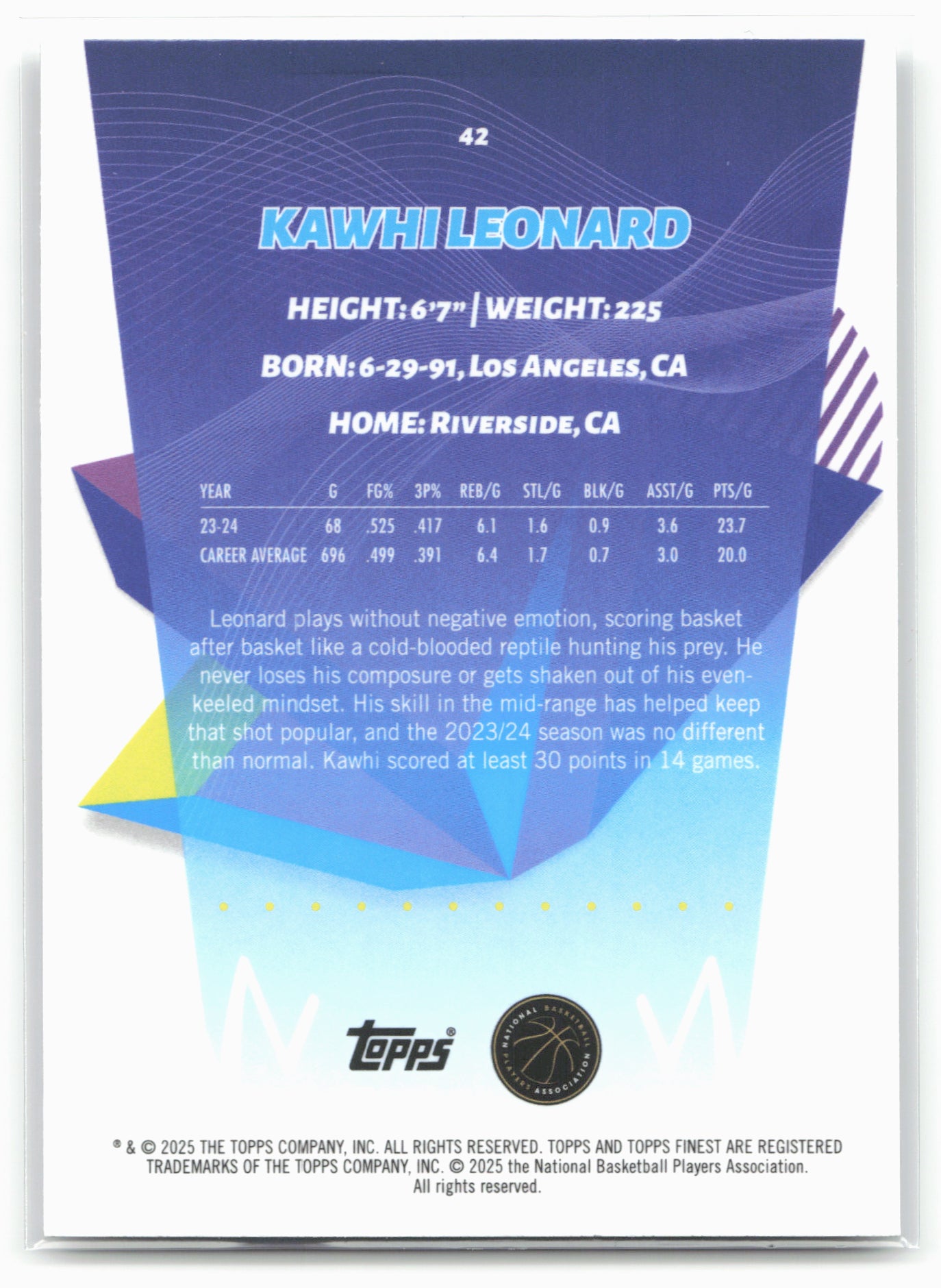 2024-25 Finest #42 Kawhi Leonard 19823