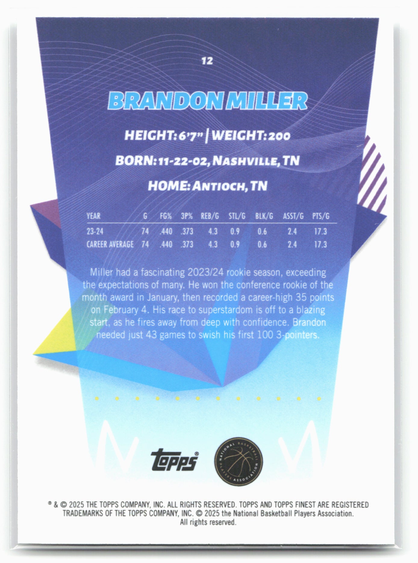 2024-25 Finest #12 Brandon Miller 19857