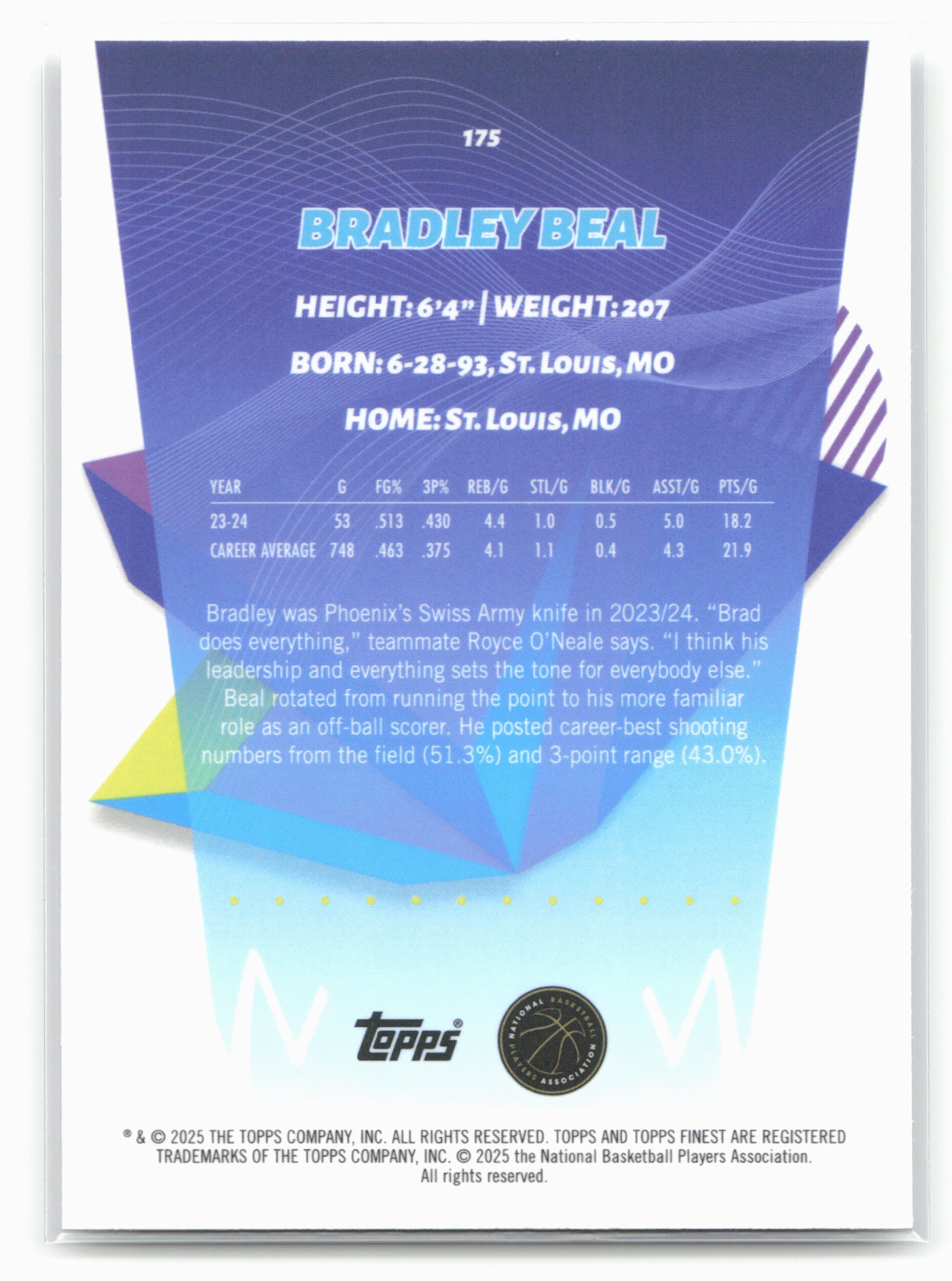 2024-25 Finest #175 Bradley Beal 19869