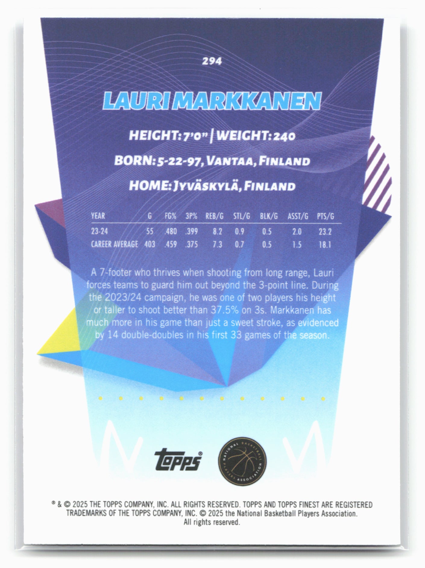 2024-25 Finest #294 Lauri Markkanen Purple Refractor