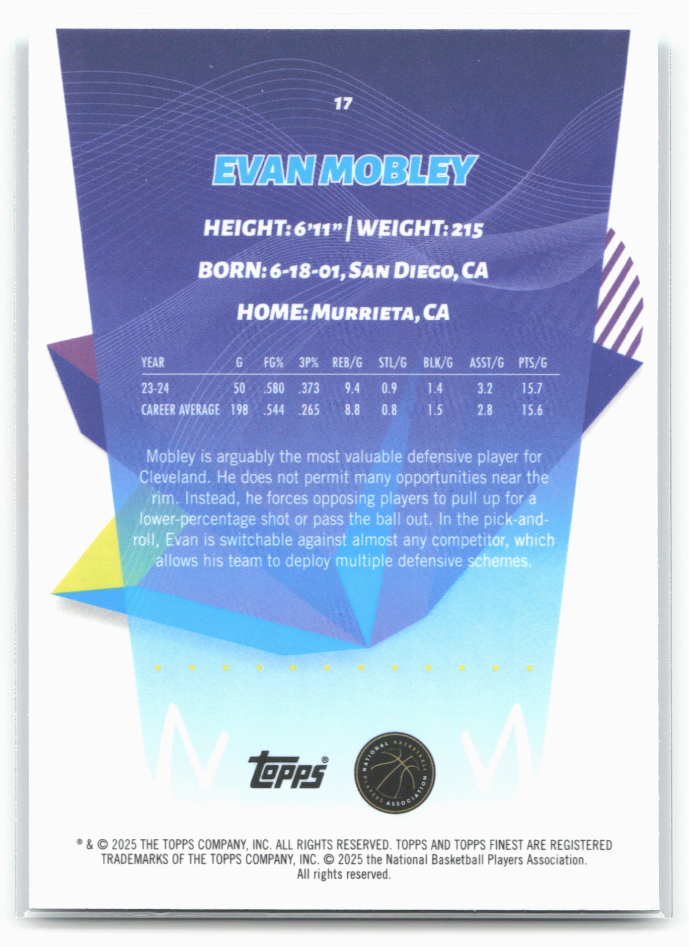 2024-25 Finest #17 Evan Mobley Sky Blue Refractor