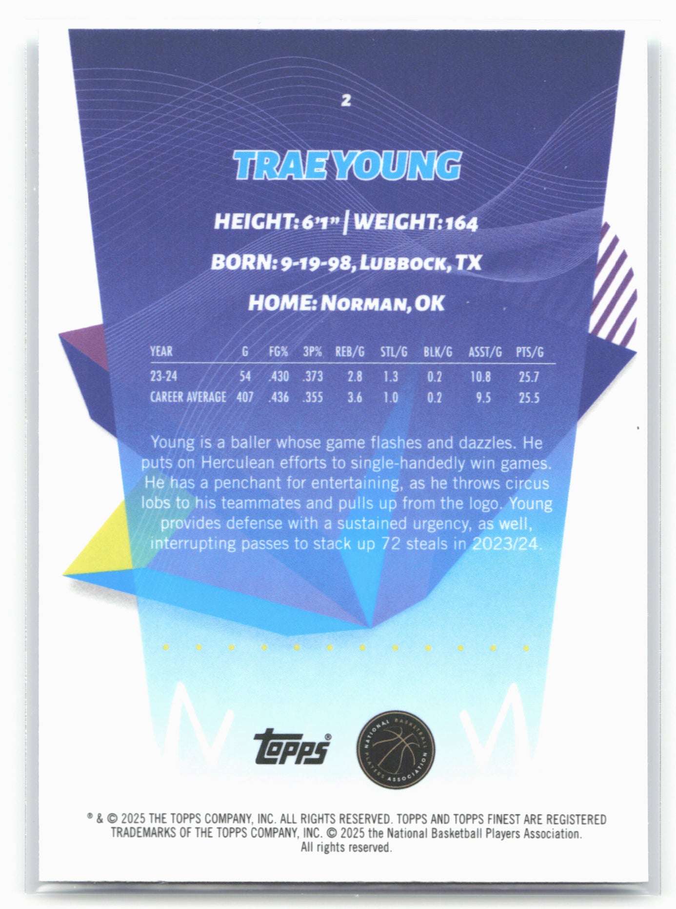 2024-25 Finest #2 Trae Young Sky Blue Refractor 19889