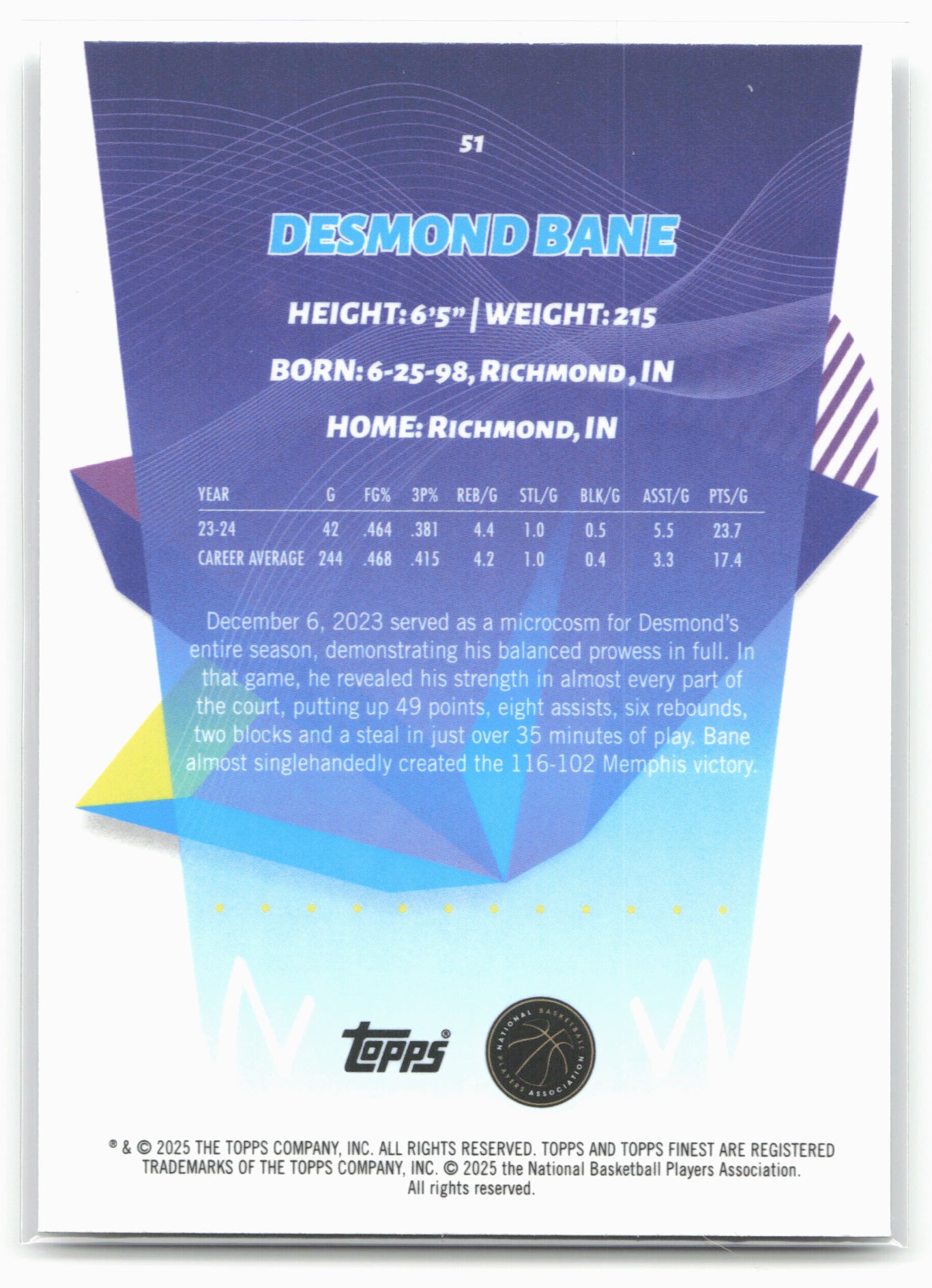 2024-25 Finest #51 Desmond Bane 19903