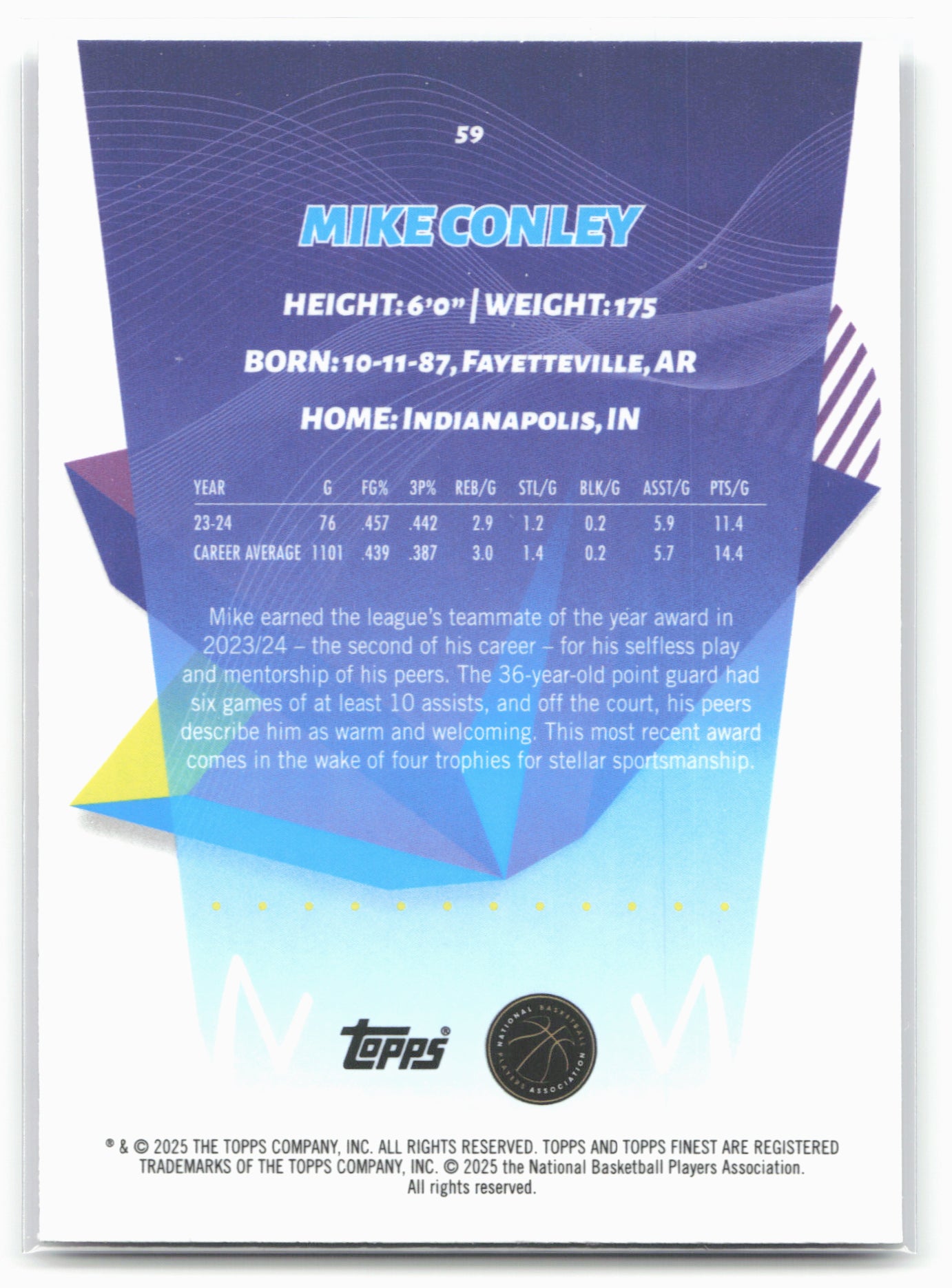 2024-25 Finest #59 Mike Conley Purple Refractor 19905