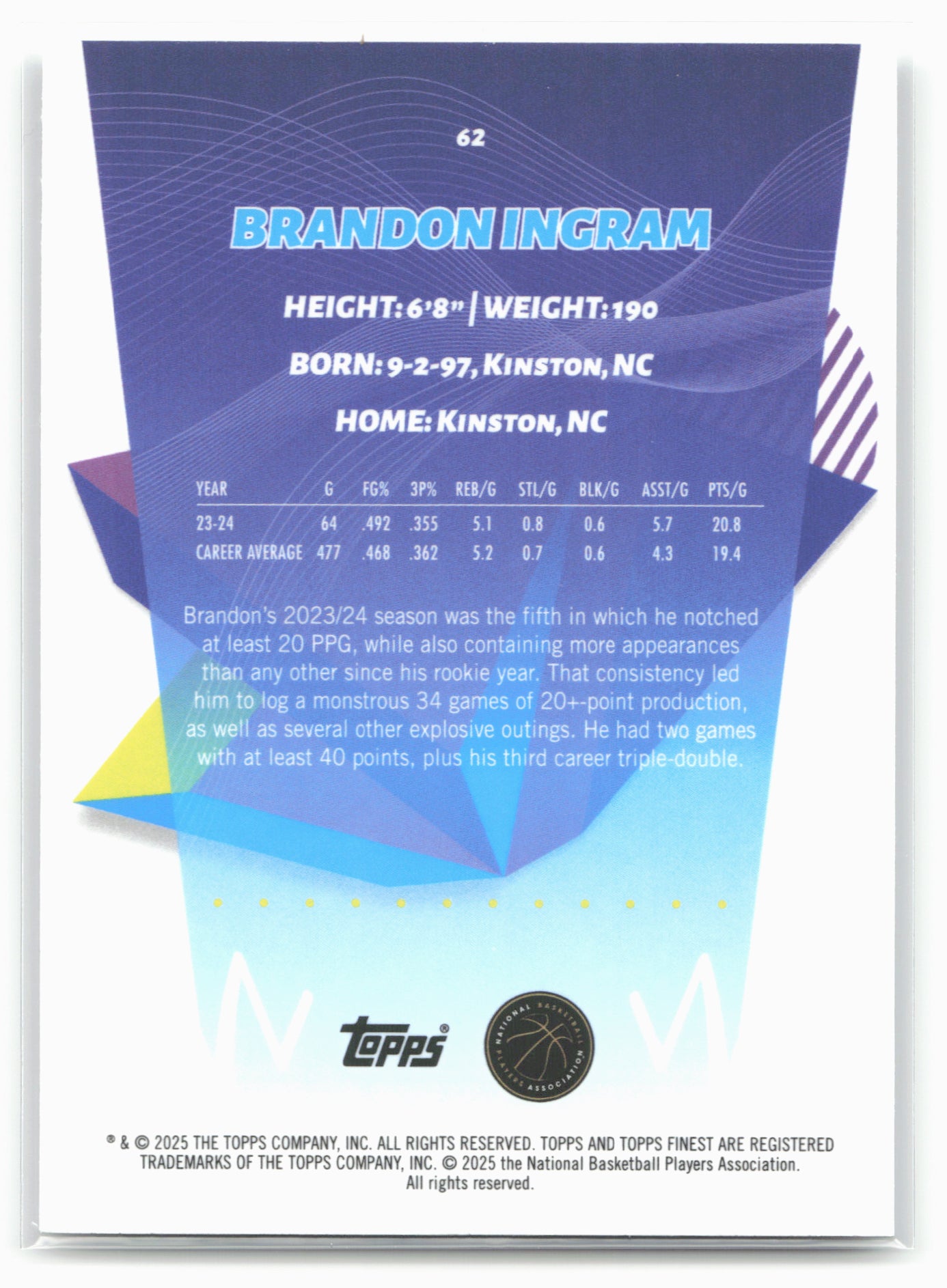 2024-25 Finest #62 Brandon Ingram 19922