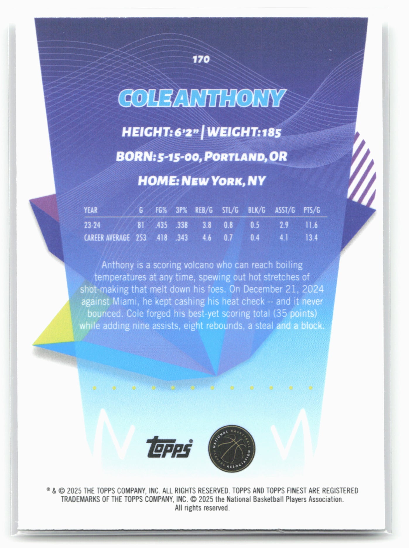 2024-25 Finest #170 Cole Anthony 19923