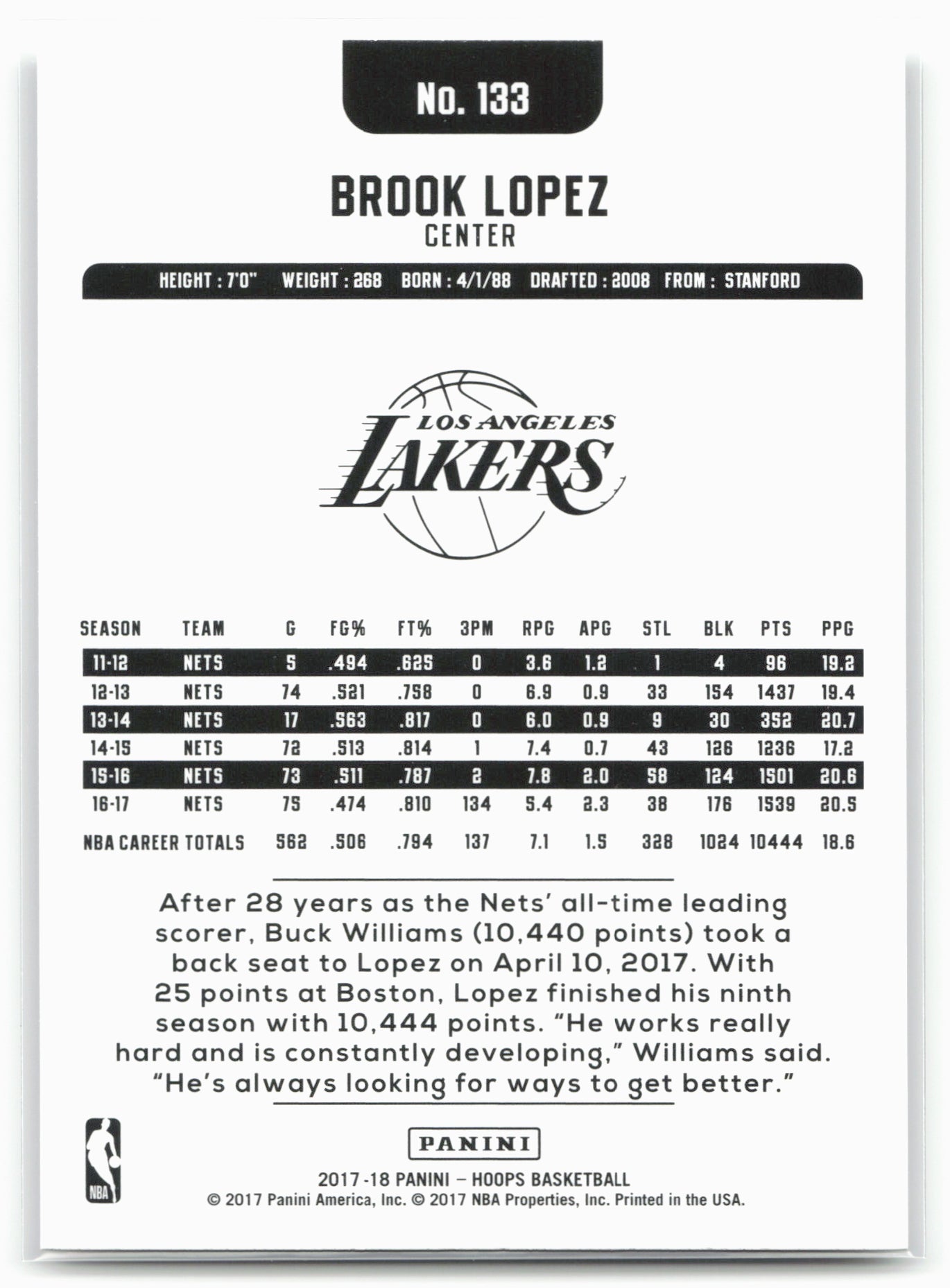 2017-18 Hoops #133 Brook Lopez