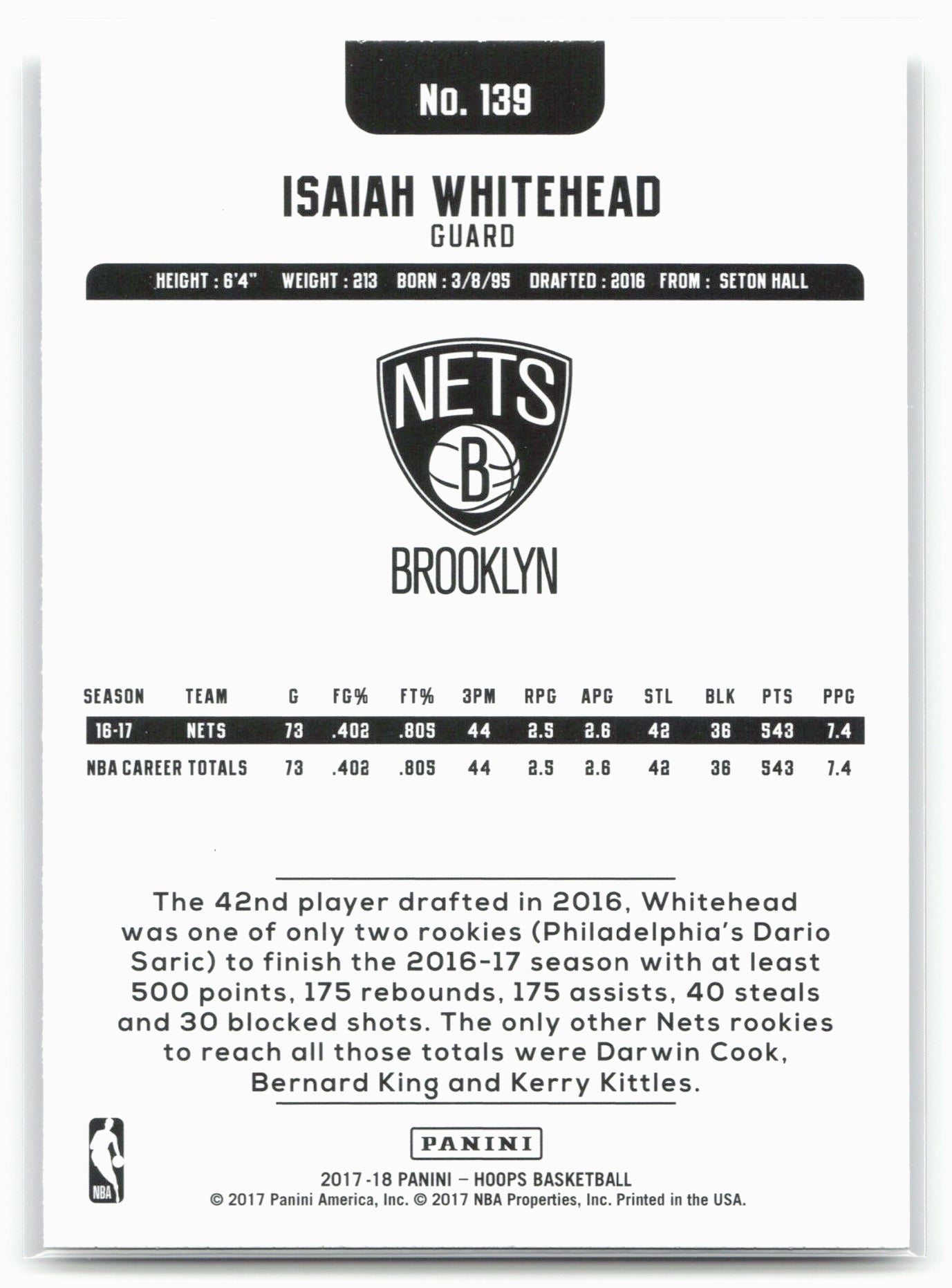 2017-18 Hoops #139 Isaiah Whitehead
