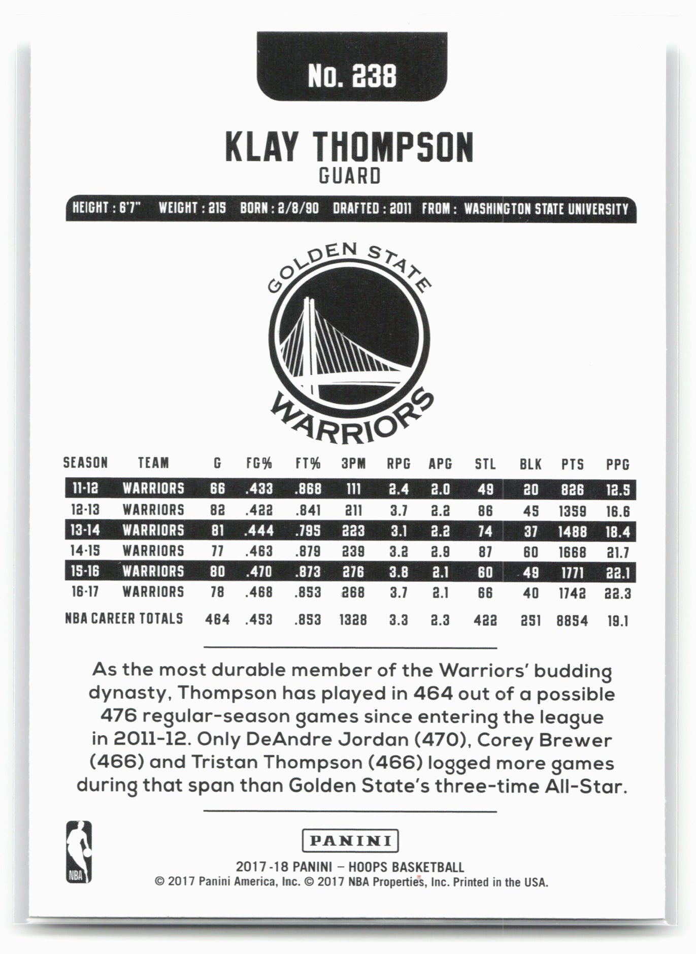 2017-18 Hoops #238 Klay Thompson