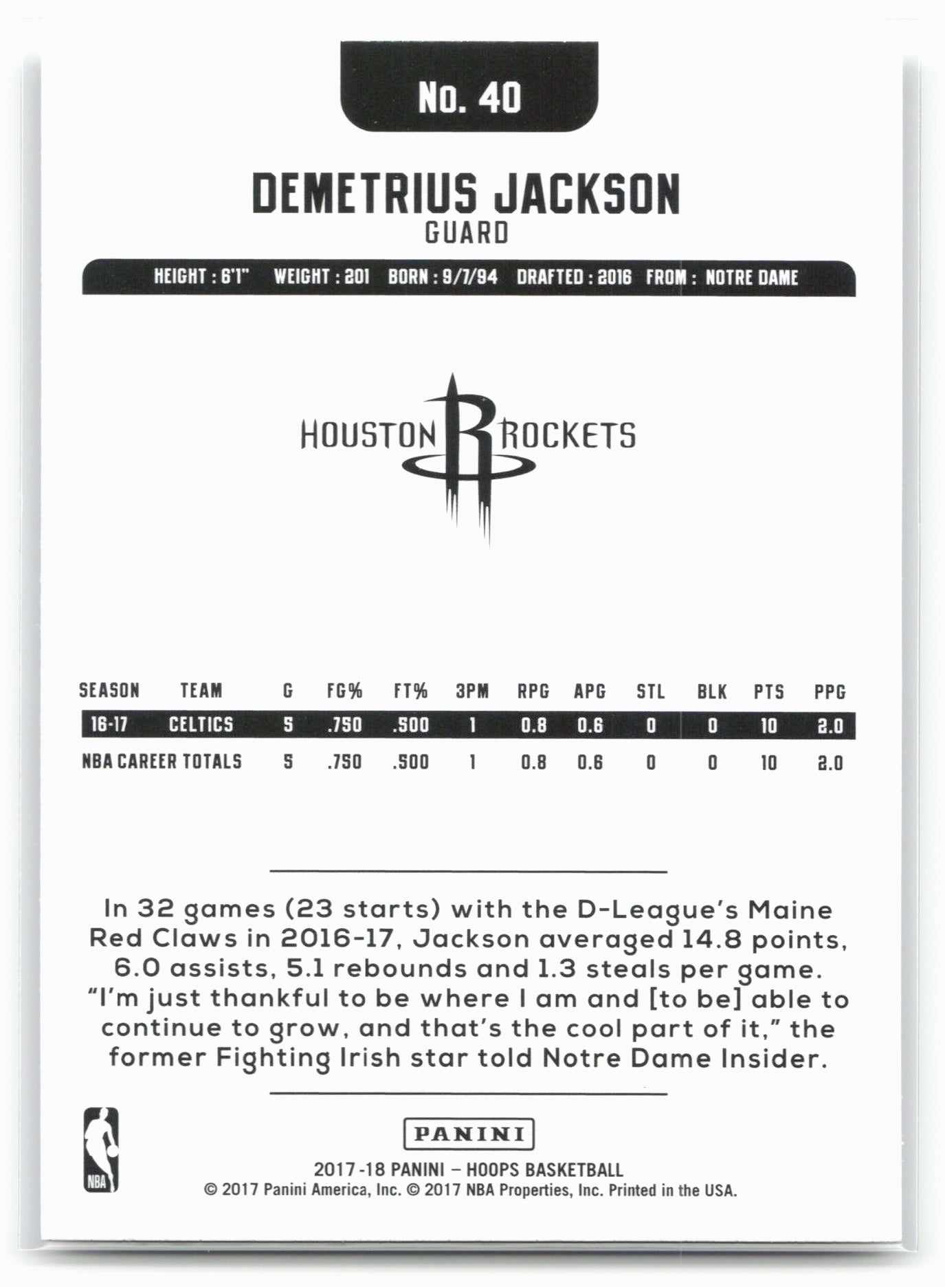 2017-18 Hoops #40 Demetrius Jackson