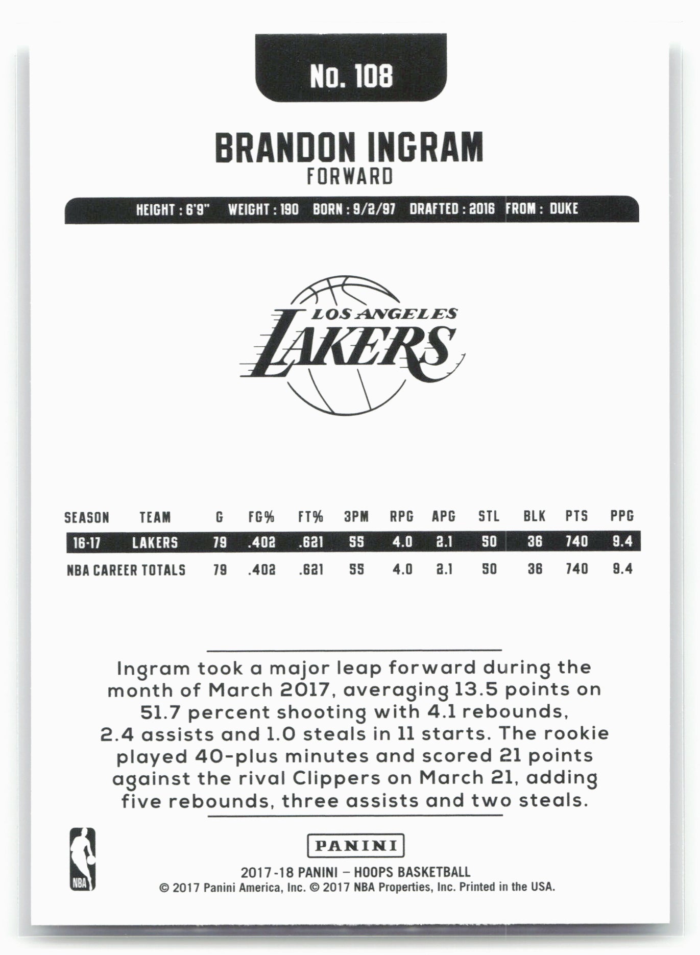 2017-18 Hoops #108 Brandon Ingram