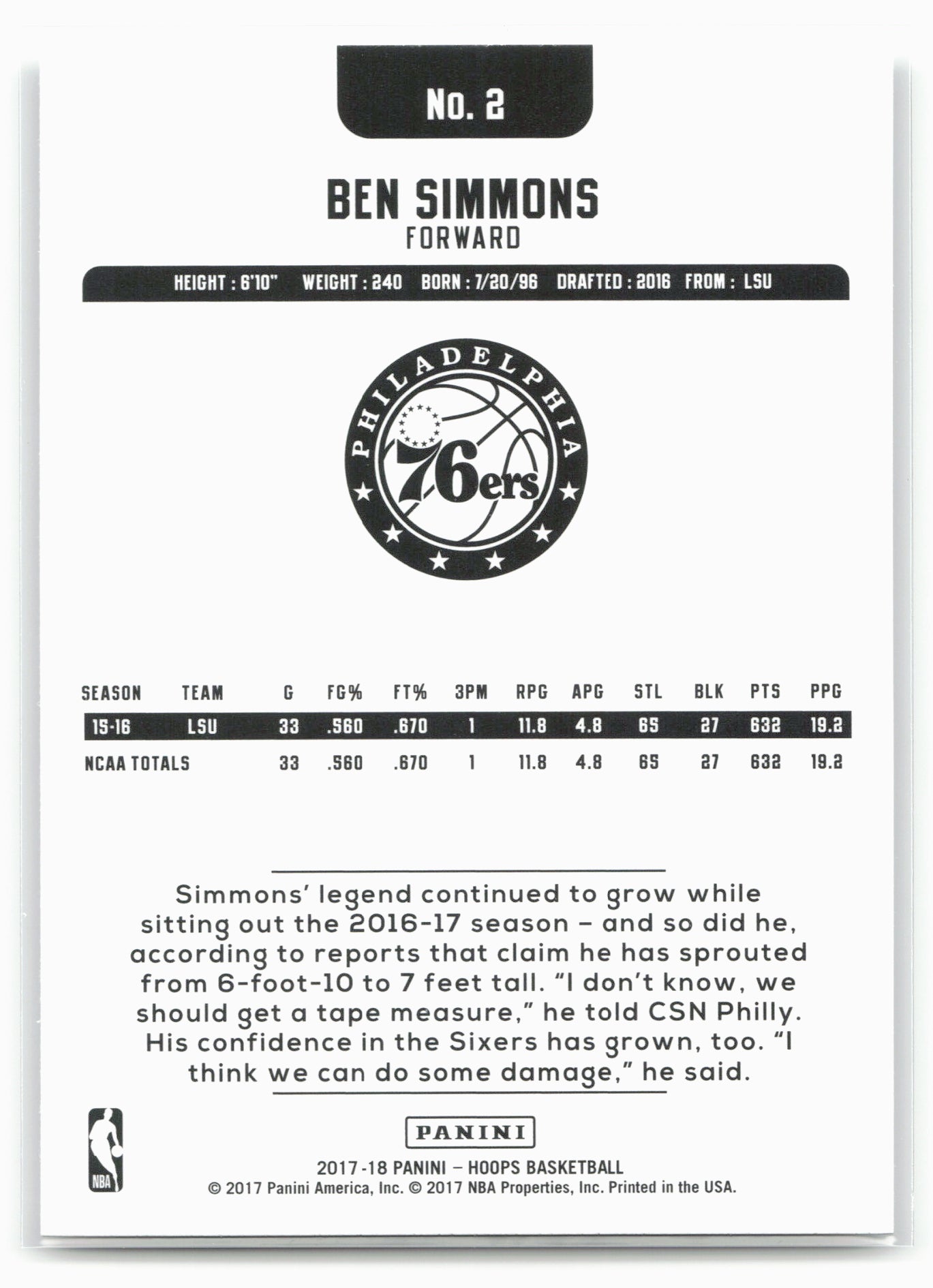 2017-18 Hoops #2 Ben Simmons