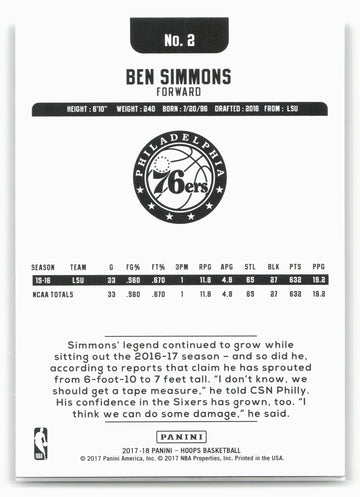
2017-18 Hoops #2 Ben Simmons