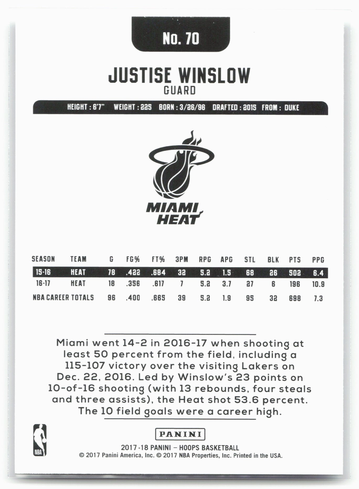 2017-18 Hoops #70 Justise Winslow