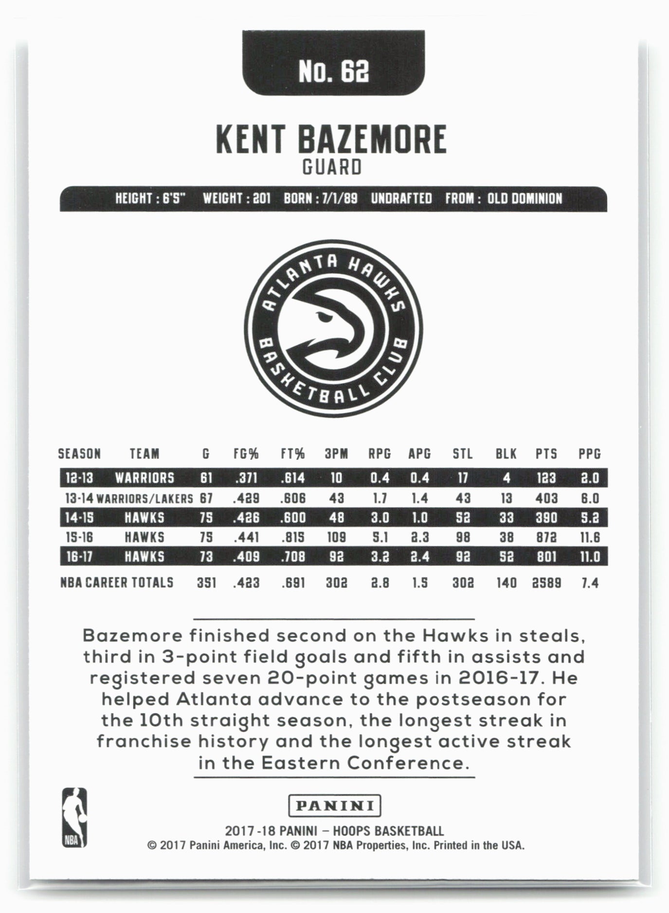 2017-18 Hoops #62 Kent Bazemore
