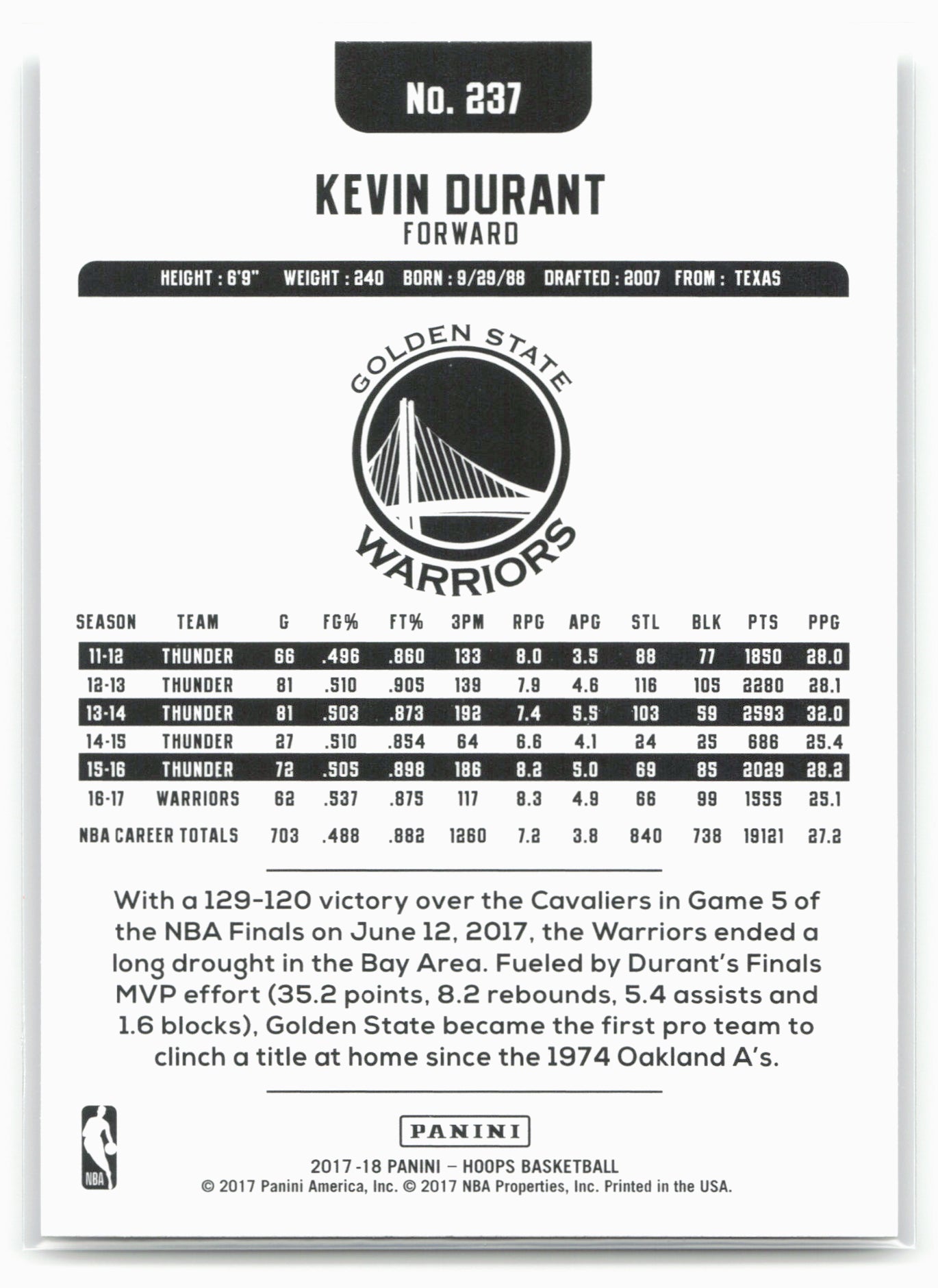 2017-18 Hoops #237 Kevin Durant