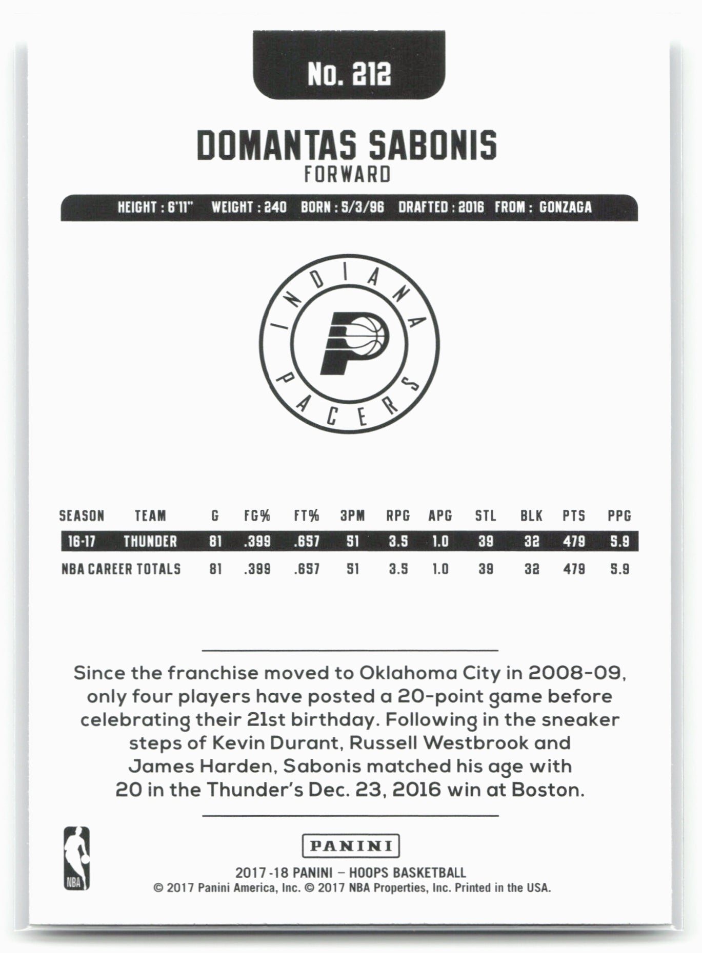 2017-18 Hoops #212 Domantas Sabonis