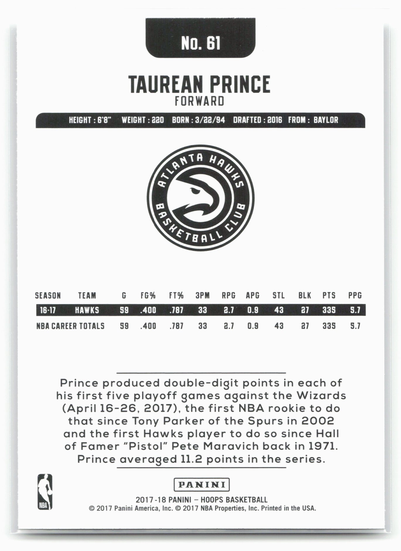 2017-18 Hoops #61 Taurean Prince