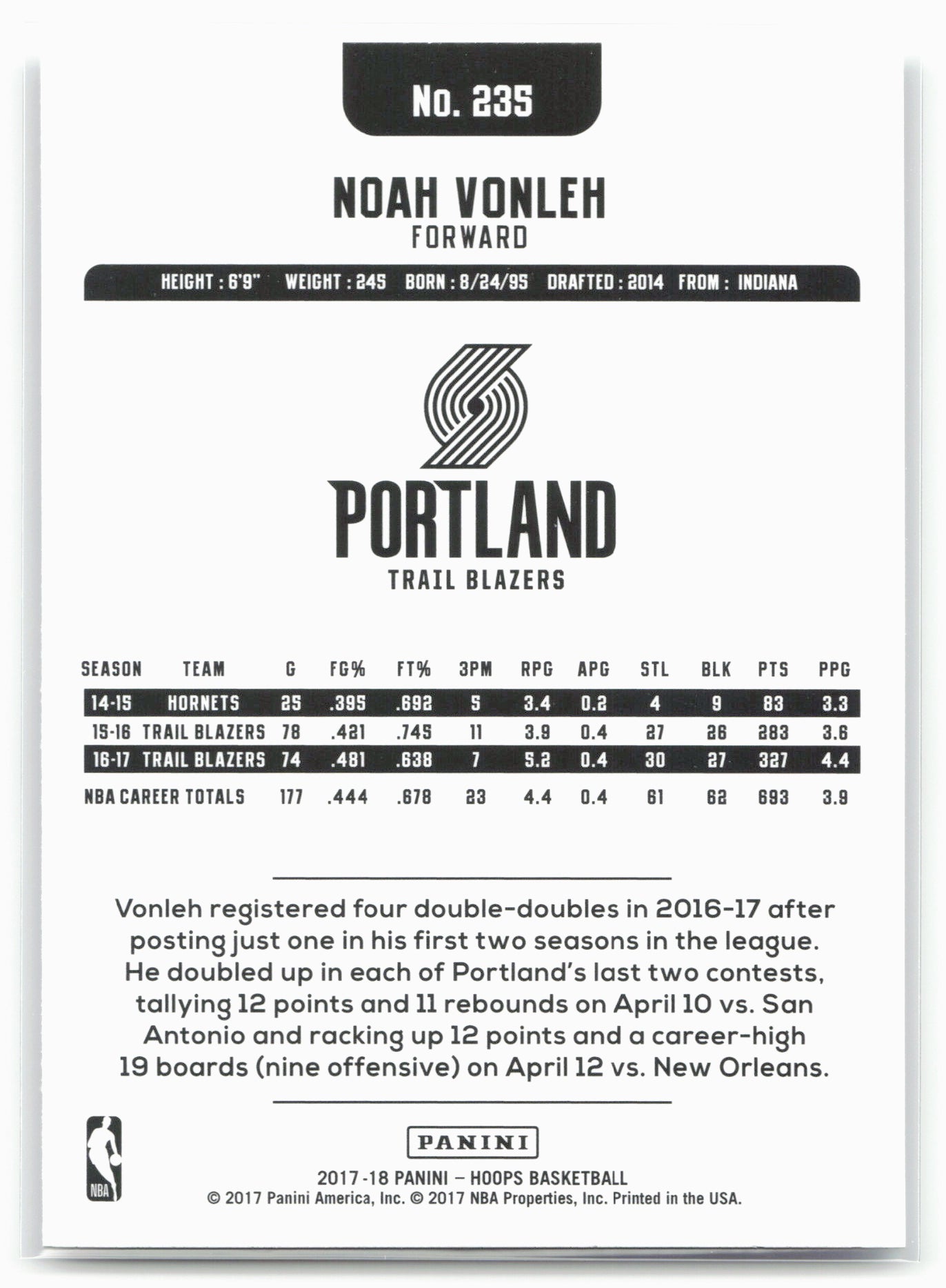 2017-18 Hoops #235 Noah Vonleh