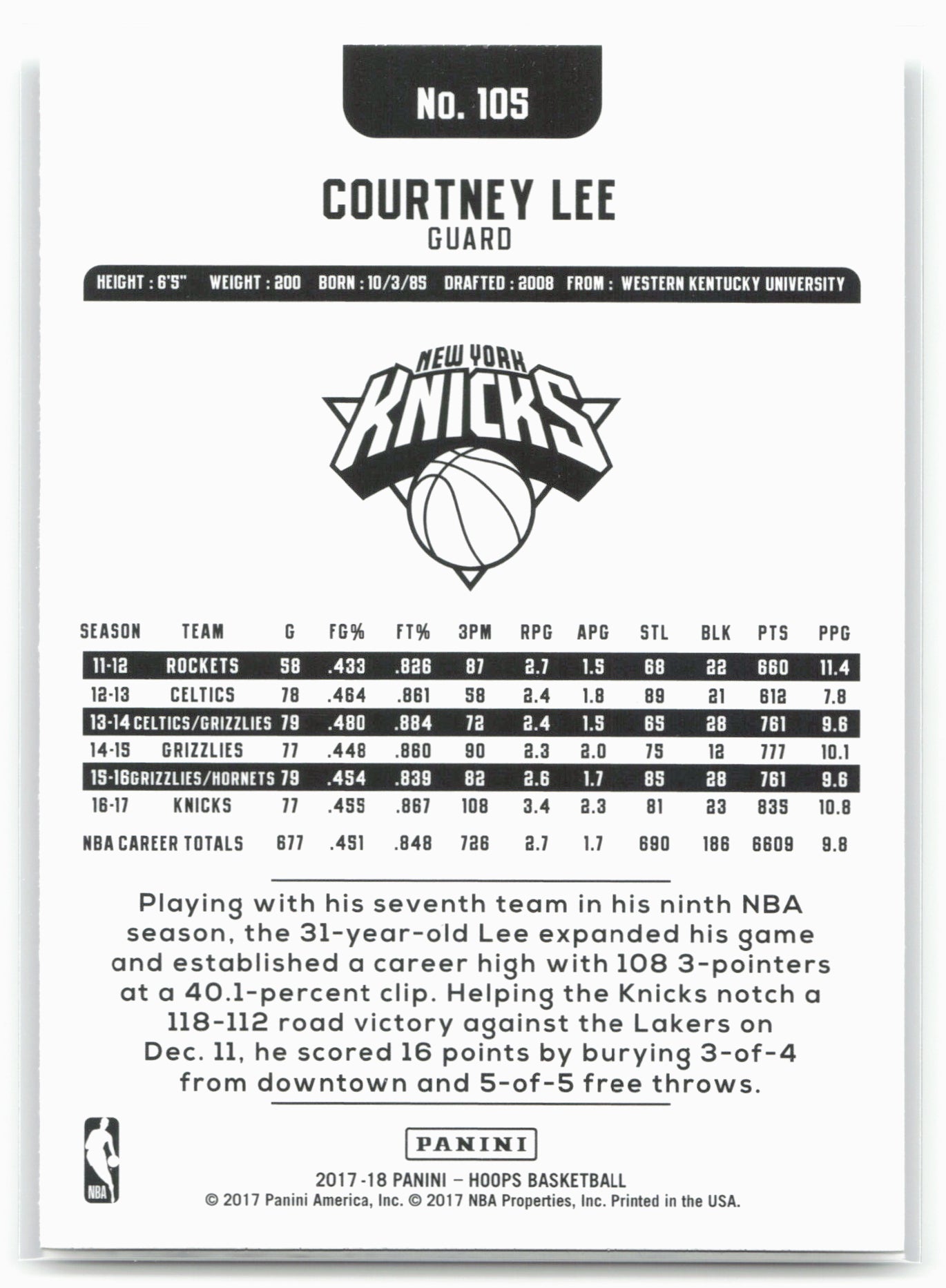 2017-18 Hoops #105 Courtney Lee