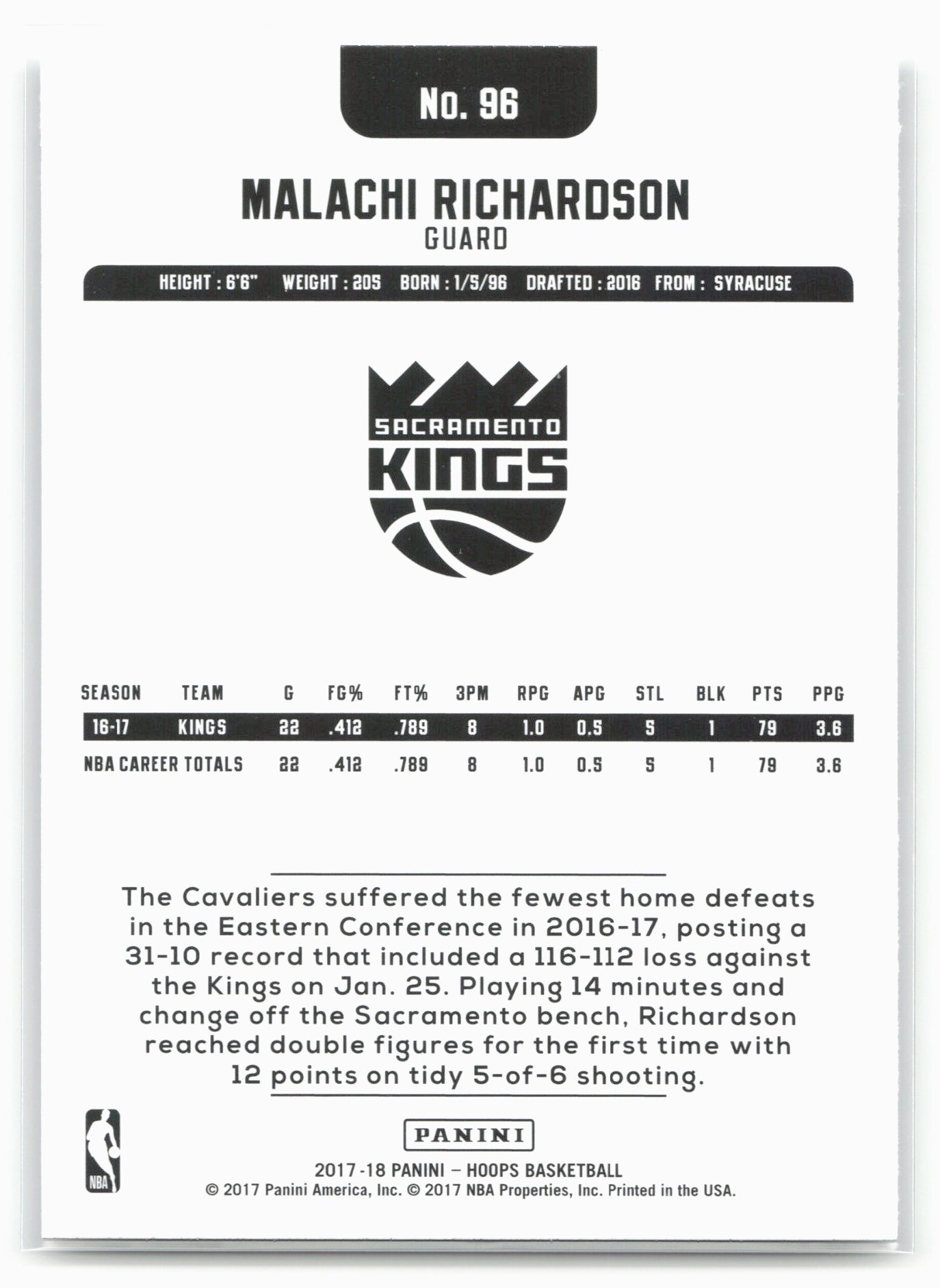 2017-18 Hoops #96 Malachi Richardson