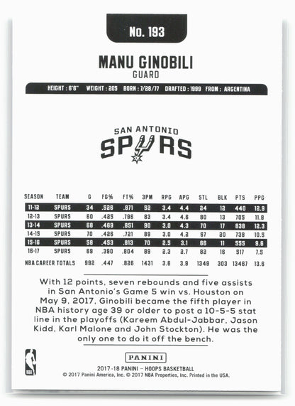 2017-18 Hoops #193 Manu Ginobili