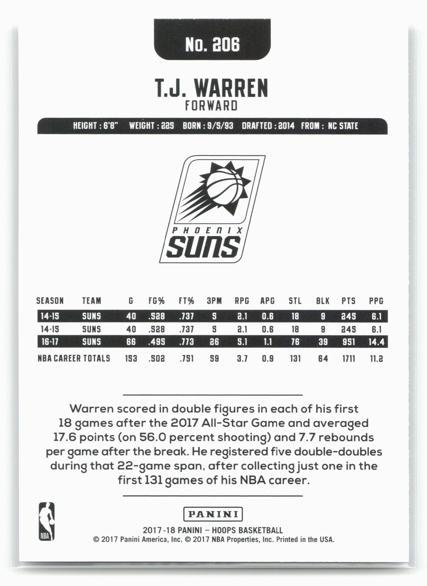 2017-18 Hoops #206 T.J. Warren