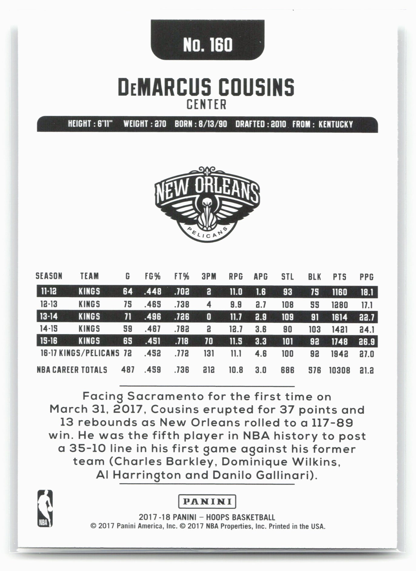 2017-18 Hoops #160 DeMarcus Cousins